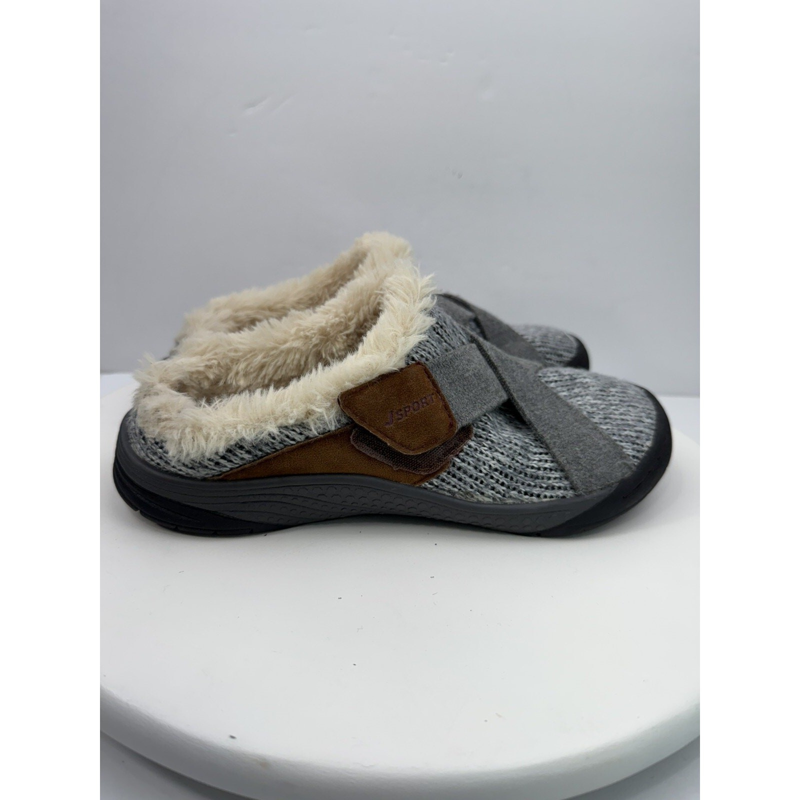JSport By Jambu Womens Sz 6 Memory Foam Brown Gray Tweed Faux Fur Slip On Shoes