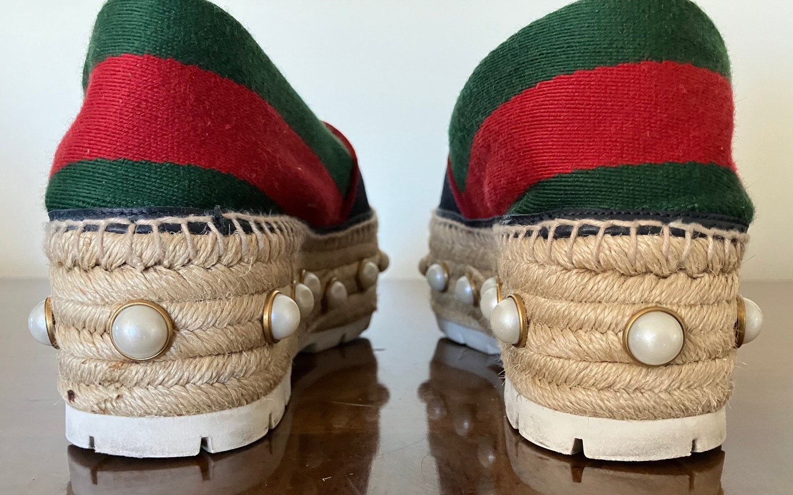 Gucci Pearl Studded Espadrille Flats Blue/Green/Red SZ 38 1/2 Slightly Worn