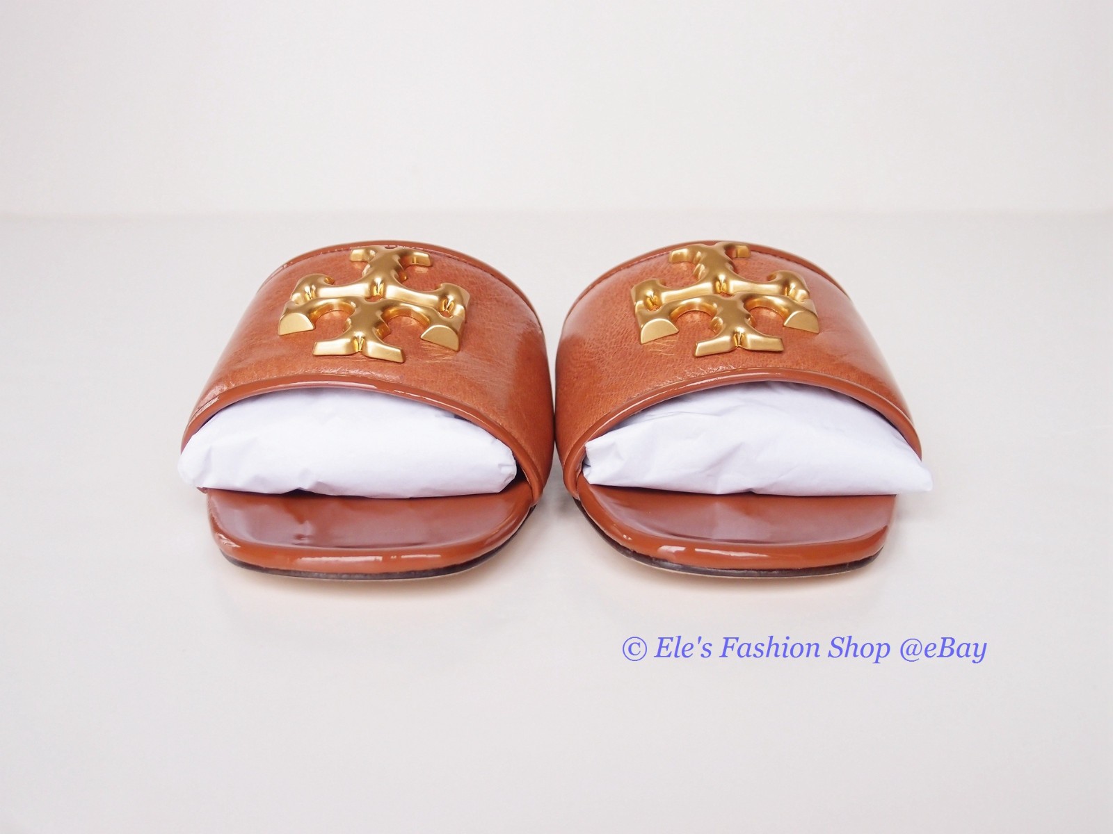 NIB Tory Burch Eleanor Leather Slides Bourbon Brown Tan US 8 8.5 9 AUTHENTC