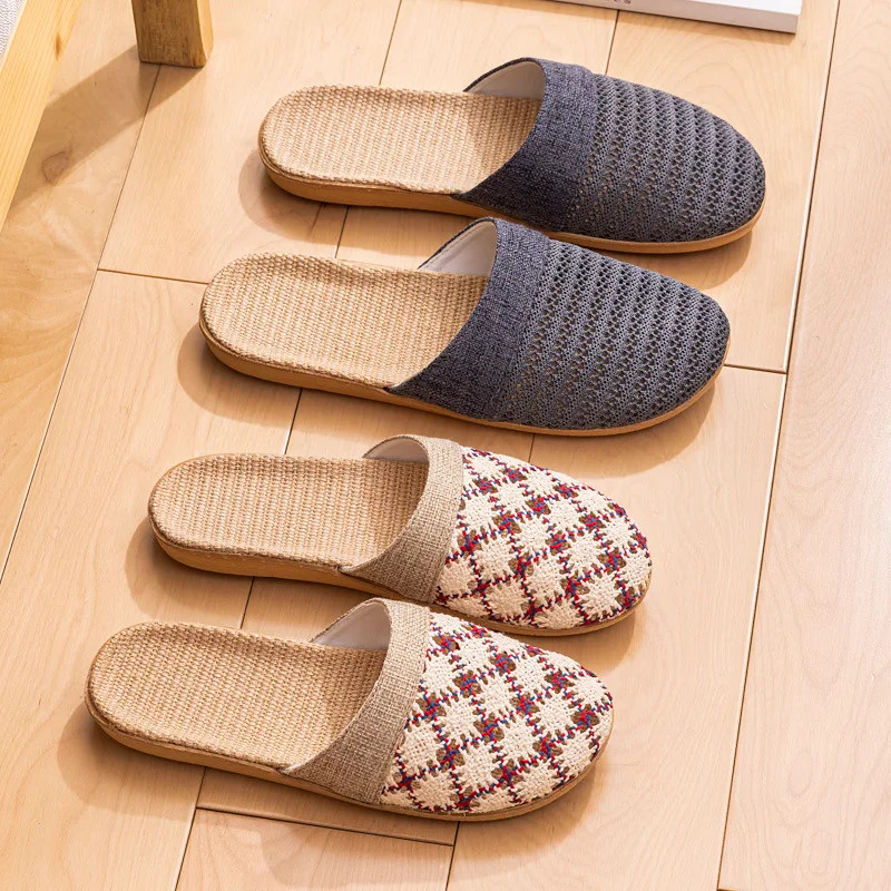 New Oriental Flax Slippers For Women Summer Indoor Home Summer Wooden Floor Slip