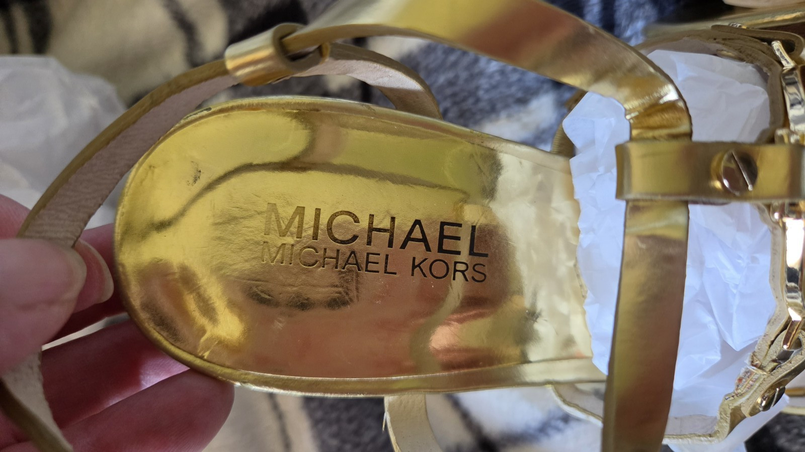 Michael Kors Gold Leather Strappy Logo Ankle Strap Open Toe 4.5″ Heels US 7