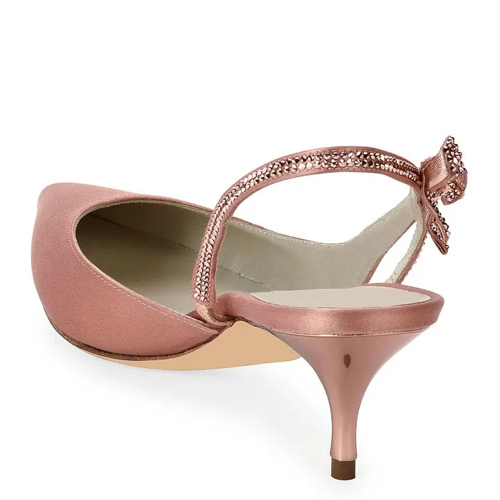 Blush Satin Rhinestone Bowknot Kitten Heel Slingback Pumps ws1913096