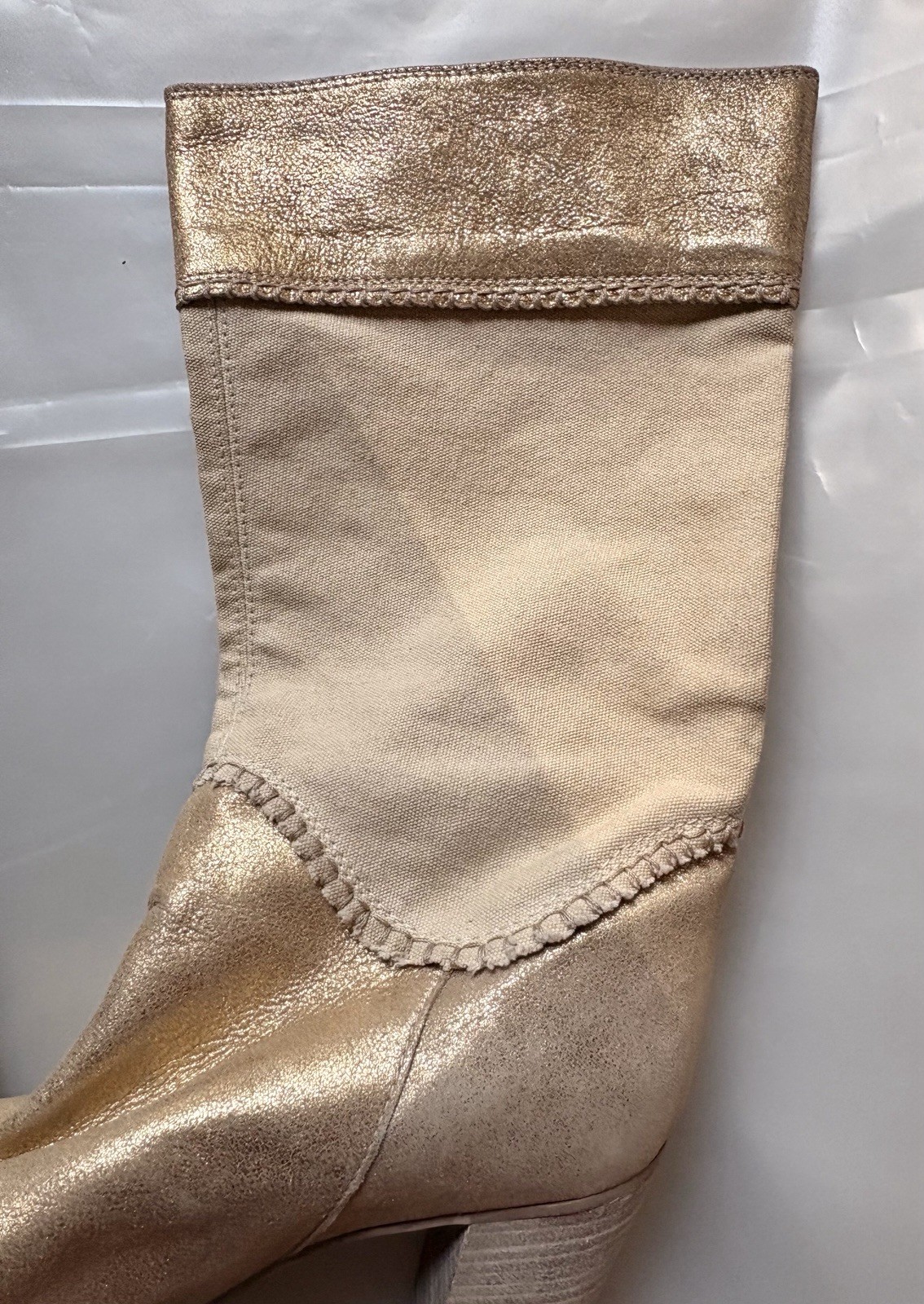 Luxury Boutique 58 Gold Ankle Boots Size 39. Gold Leather and Beige Canvas.