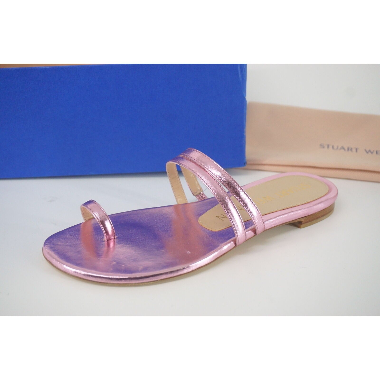 Stuart Weitzman Leonita Slide Pink Metallic Leather Sandals Size 6 New Flat $350