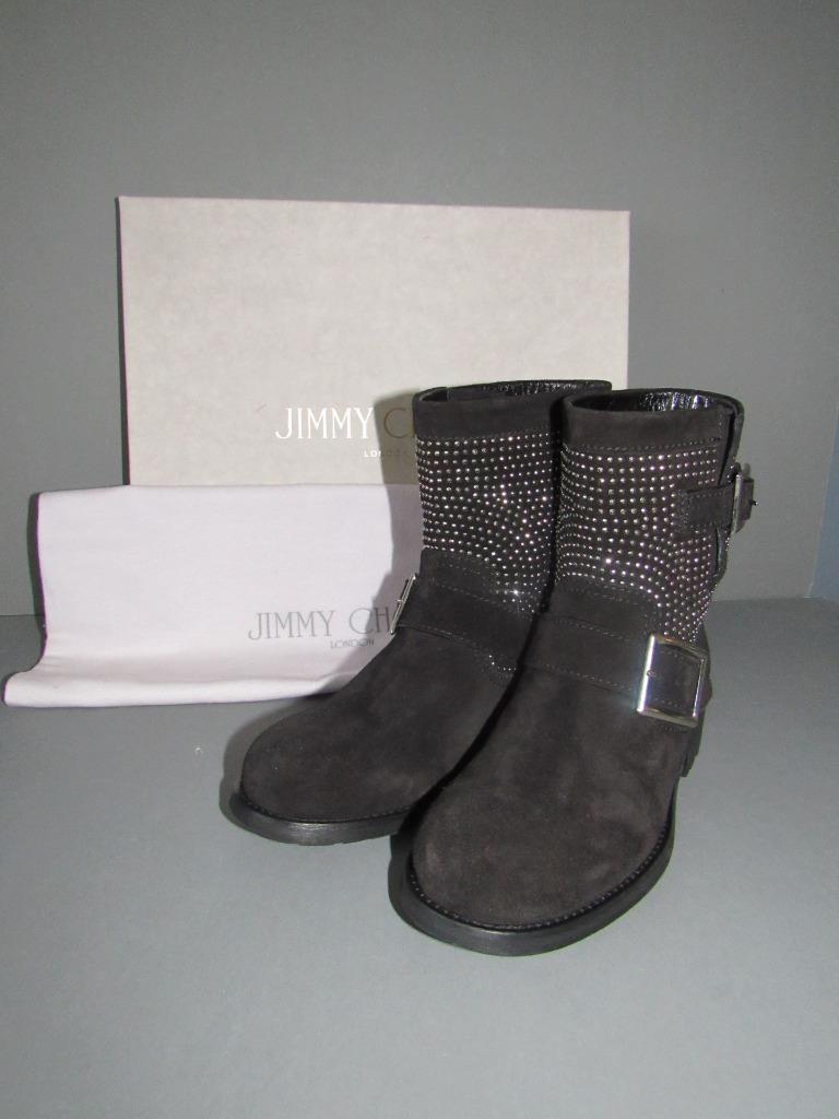 AUTHENTIC VINTAGE JIMMY CHOO NEW 36 BLACK SUEDE STUDDED BIKER ANKLE BOOTS NIB