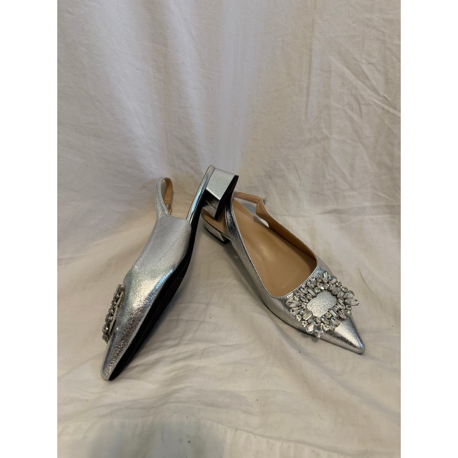 Silver Metallic Pointed Toe Kitten Heels with Sparkly Buckle Detail