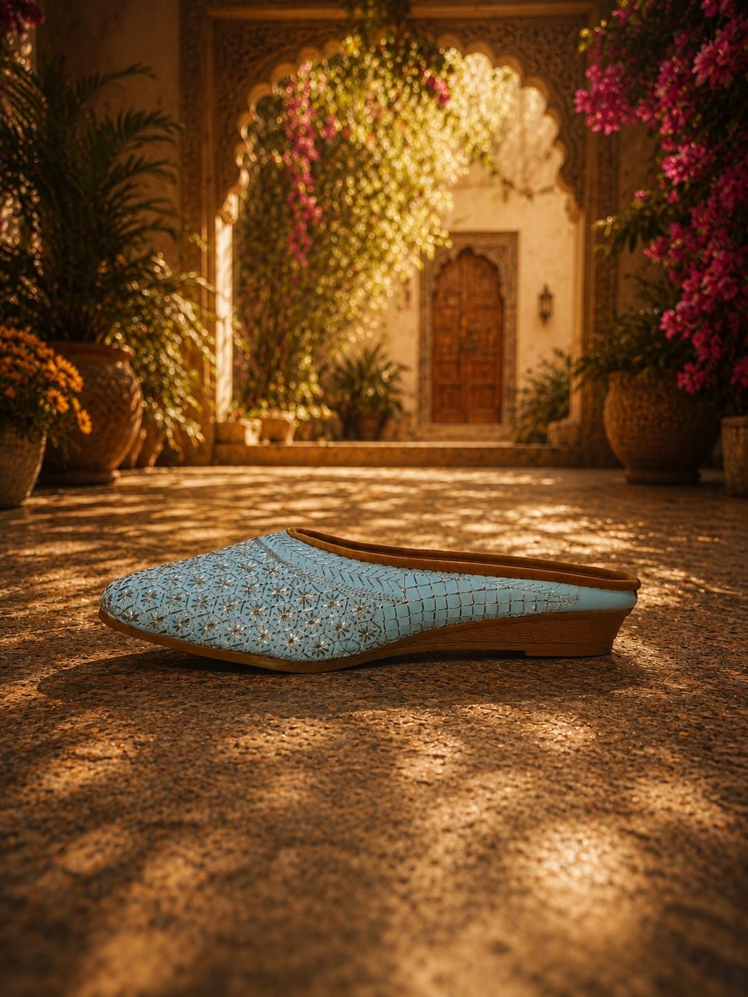 Women’s Sky Blue Embroidered Boho Mule Flats Slip On Ethnic Jutti Shoes