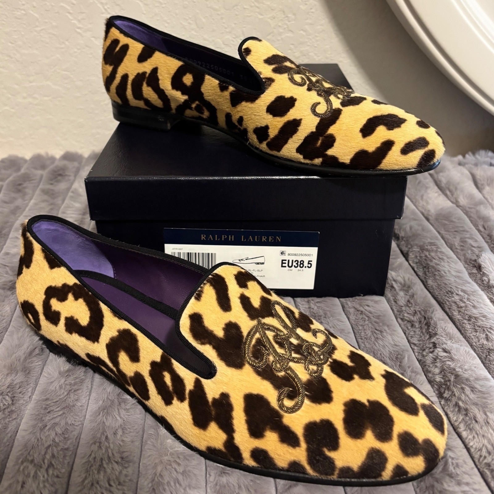 Ralph Lauren Purple Label Alonzo Loafers WMN 38.5 Leopard Calf Hair RL Monogram