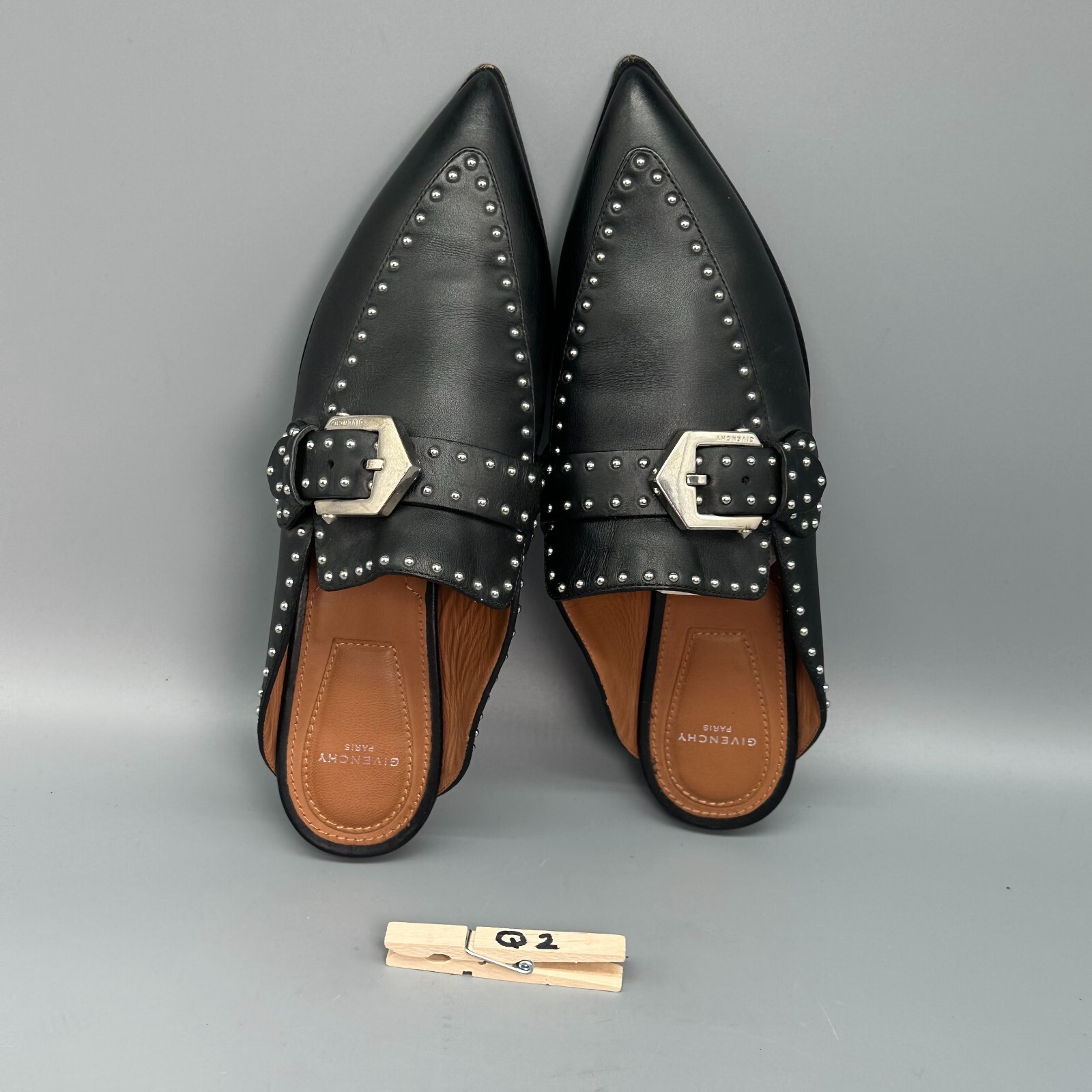 Givenchy Elegant Women US 6 EUR 36.5 Black Leather Slip-On Pointed Studded Mules