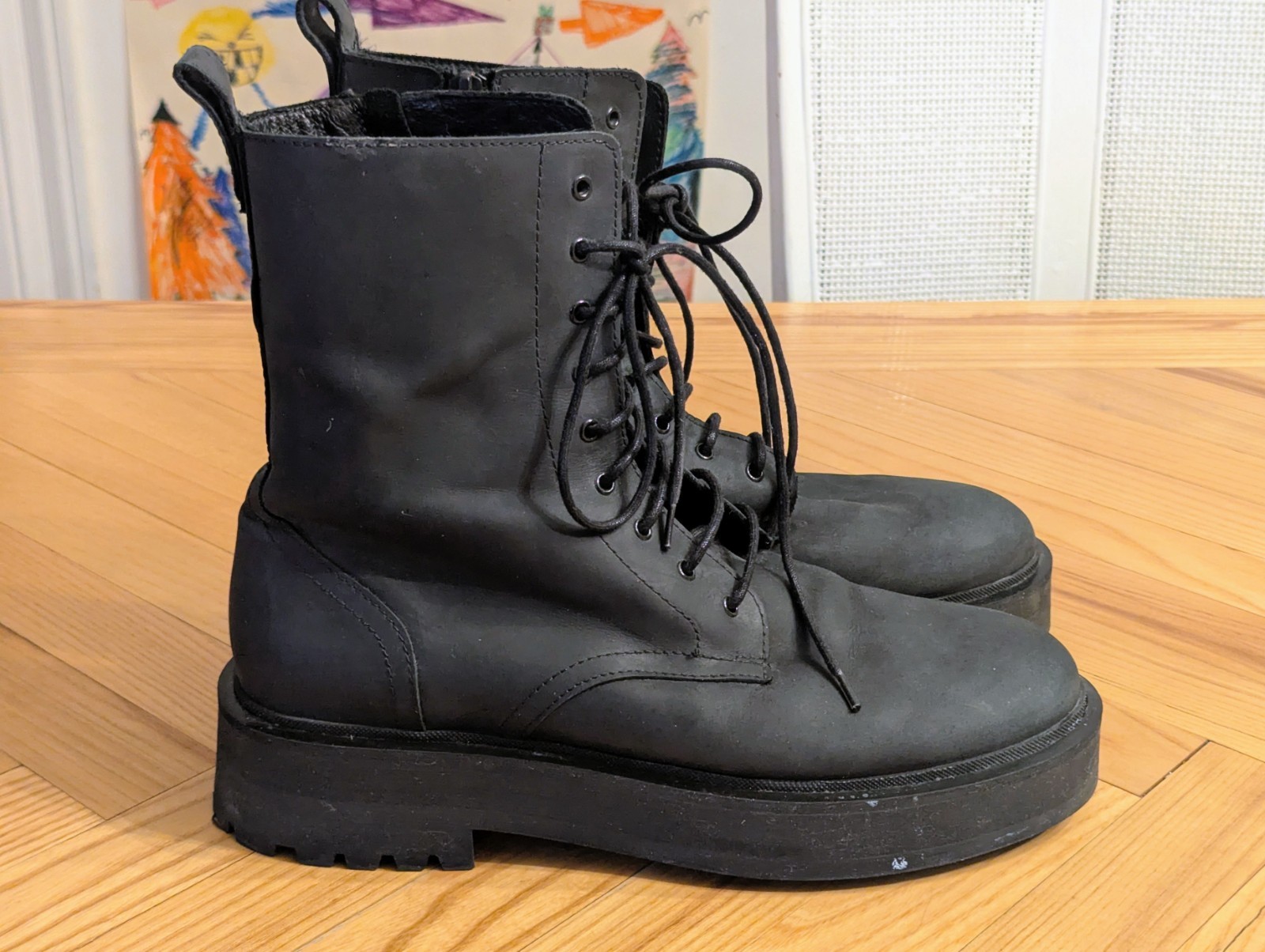 Thursday Women’s Matte Black Leather Combat Boots Side Zipper Platform Size 11