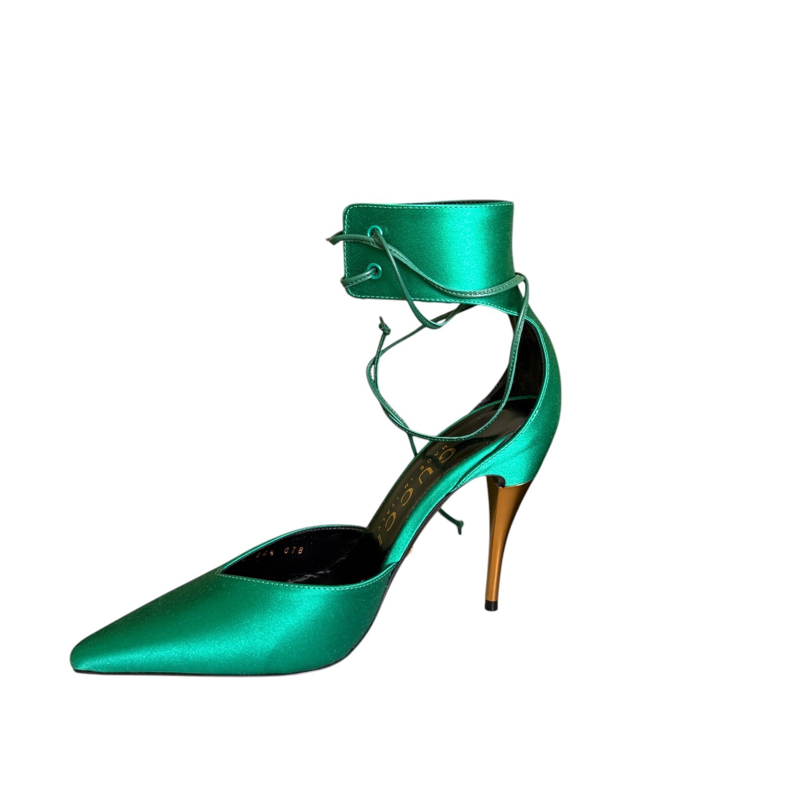GUCCI Priscilla Emerald Green Satin Strap Stiletto Heel 36+, US 6.5, 752966