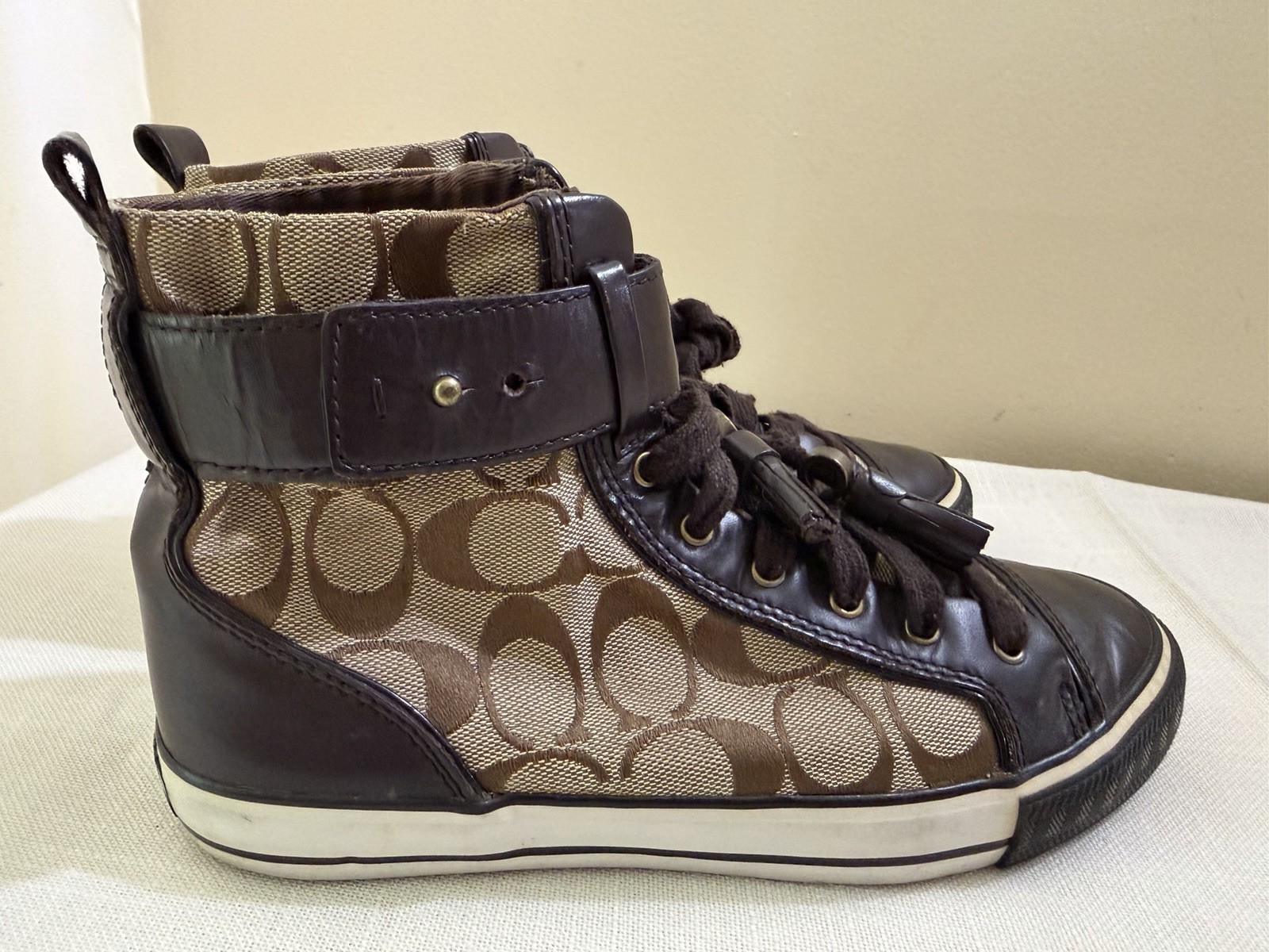 Vintage Y2K Brown Coach Logo High Too Sneakers Textile Leather Tassel Laces 7