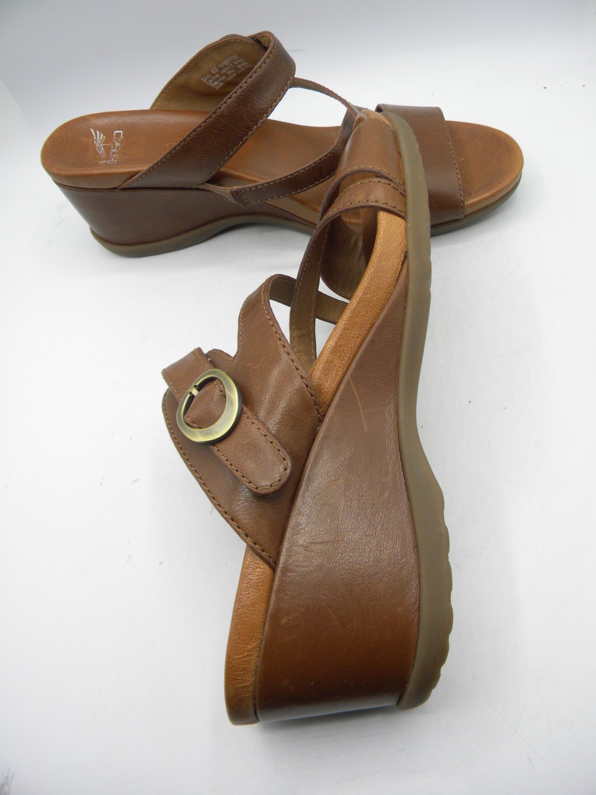 DANSKO Ana Brown Leather Wedge Heel Strappy Slide Sandals Size 40 Display