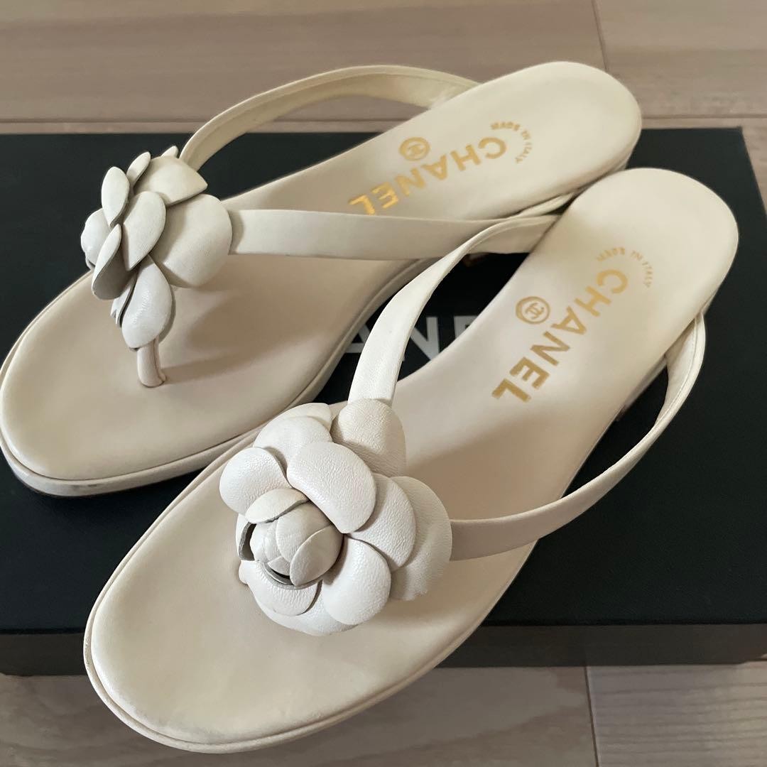 CHANEL Sandals Shoes Camellia EU 36.5 US 6.5 Off White Authentic