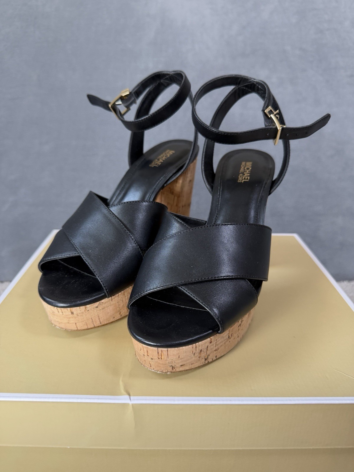 Michael Kors Odette Cork Platform Leather Sandals Women’s Size 7M Black