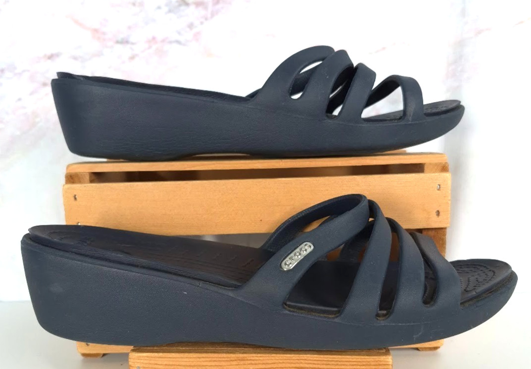 CROCS Sandals Womens 10 Rhonda Wedge Slip On Strappy Slides Open Toe Navy Blue