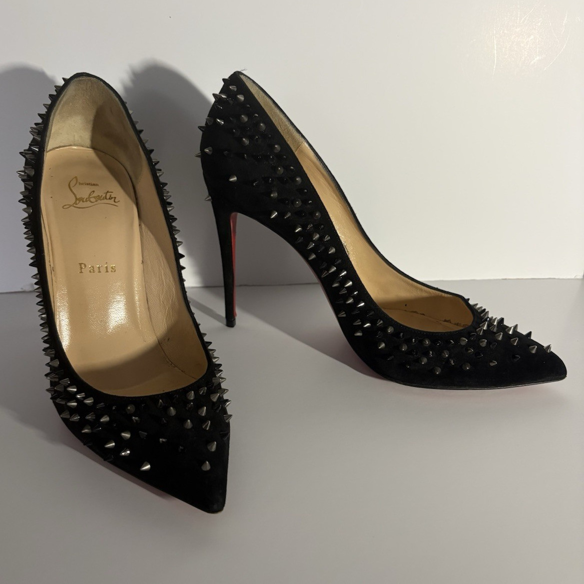 Christian Louboutin Black Suede Spiked Studded Pointed Toe Pumps Sz 8