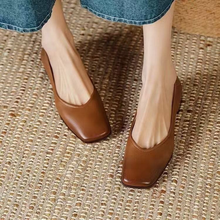 Men’s Square Toe Leather Low Chunky Heels Office Dress Pumps Party Shoes Pull On