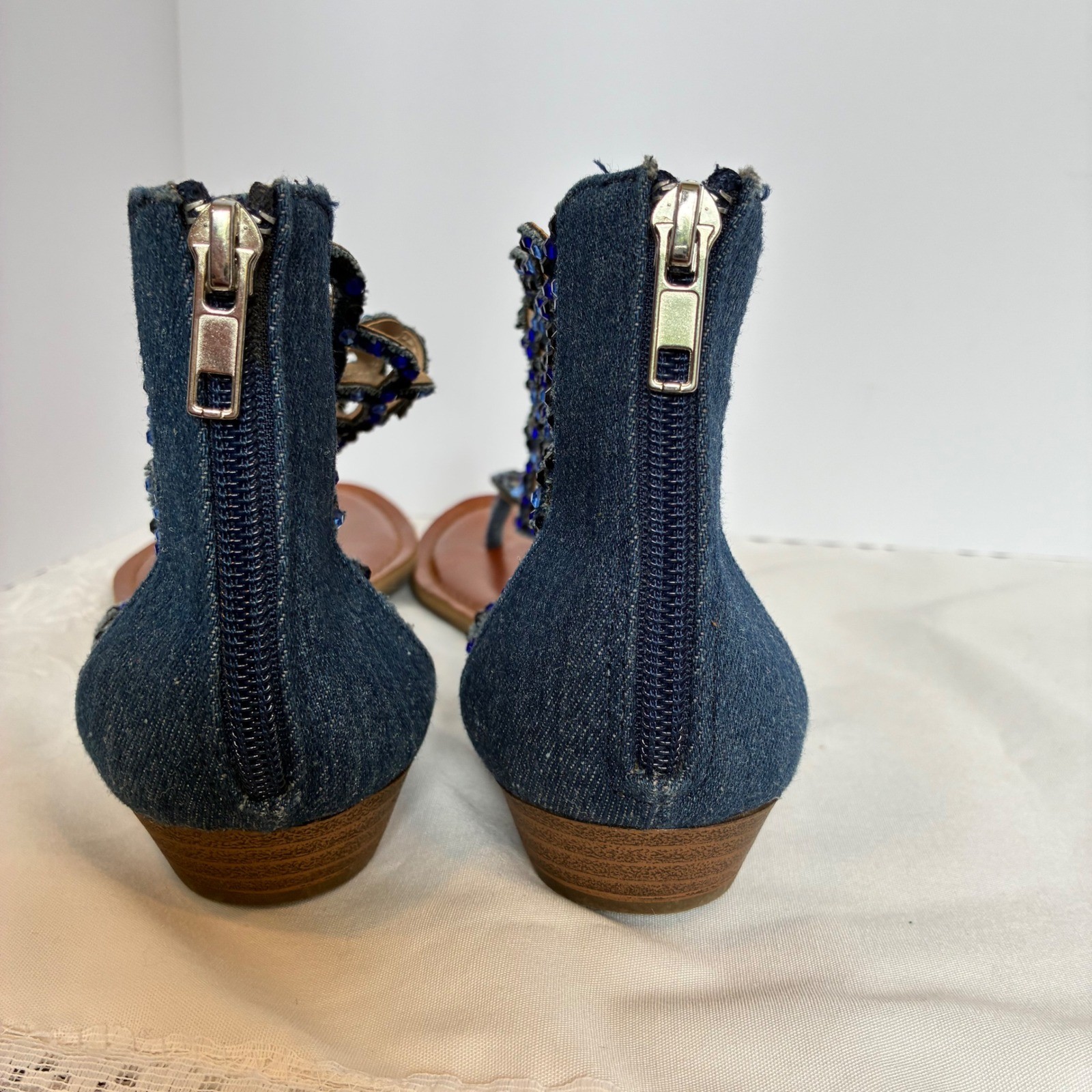 Zigi Soho Blue Denim Rhinestone Sandal Caged Gladiator Thong Boho Festival Y2K