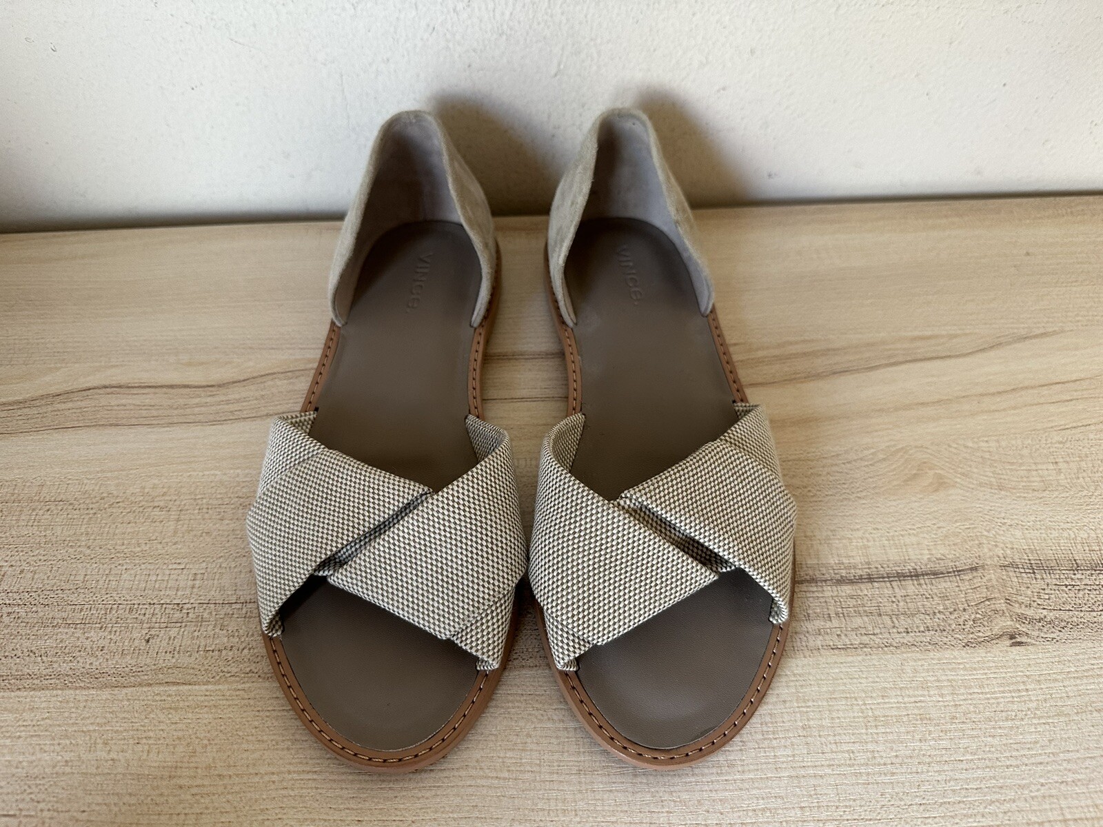$250 VINCE Womens sz 5.5 IDA taupe suede woven slip on sandals flats