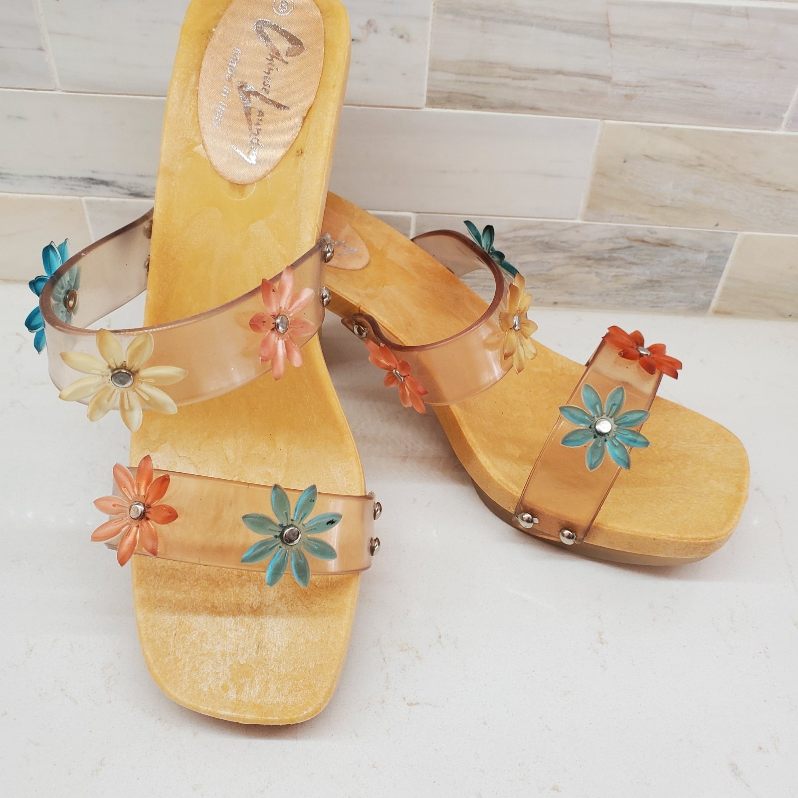 Chinese Laundry Slip-On Heels Clear Straps Jelly Flowers Rubber Platform Italian