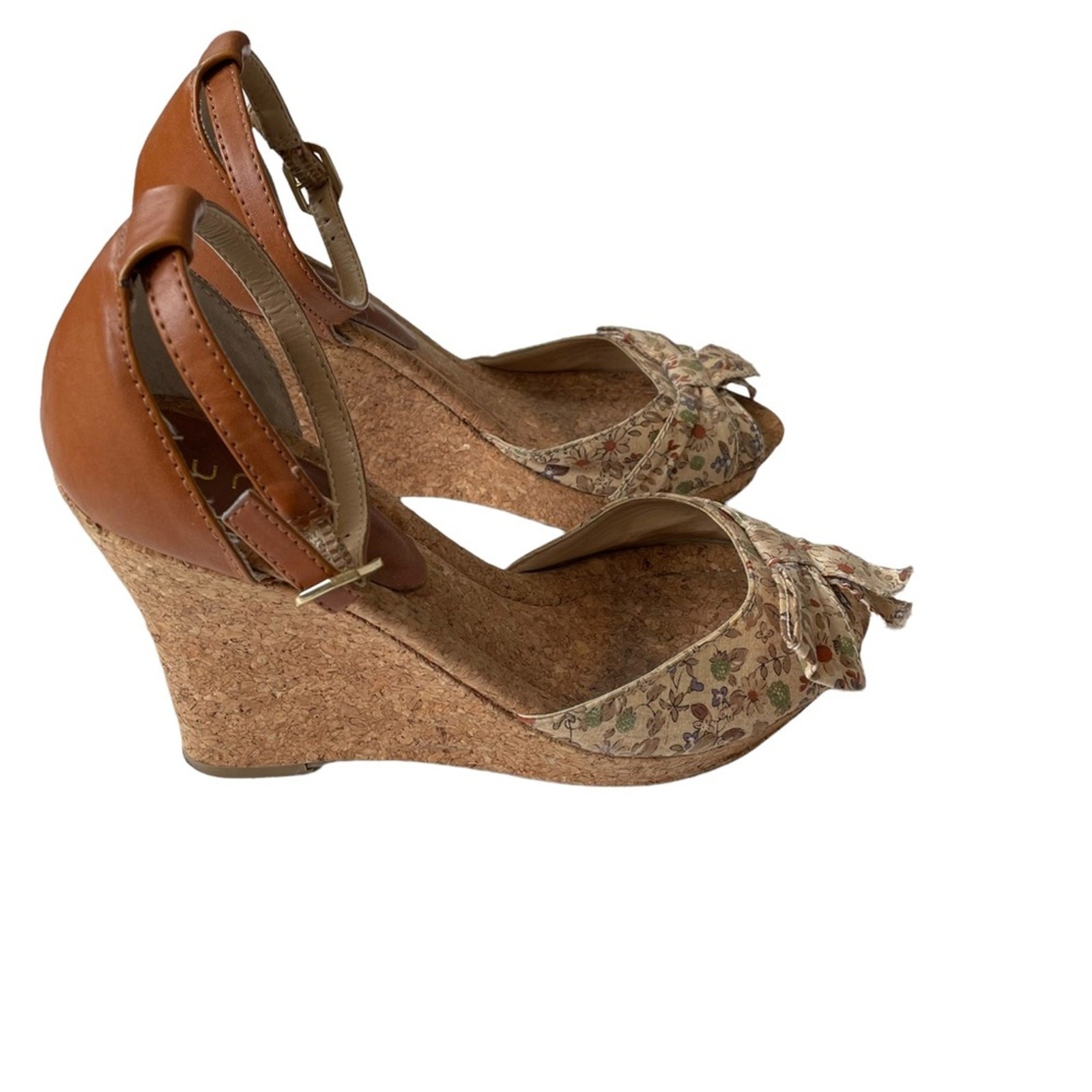 Unisa Wedge Floral Cork Peep Toe Neutral Tan 7 GUC