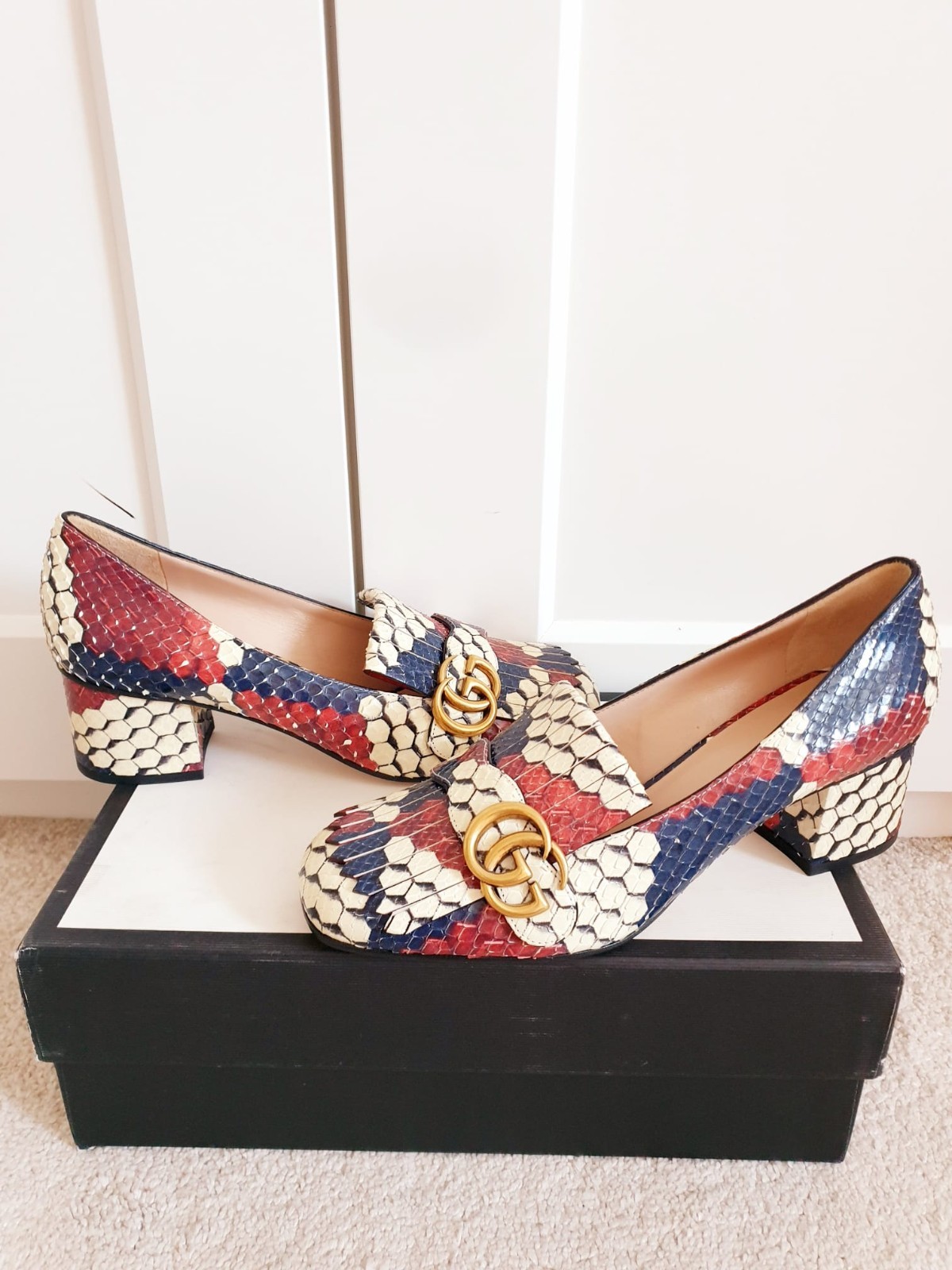 New Gucci Marmont Multi Fringed Leather Mid Heeled Court Shoes UK 6 EU 39 US 9