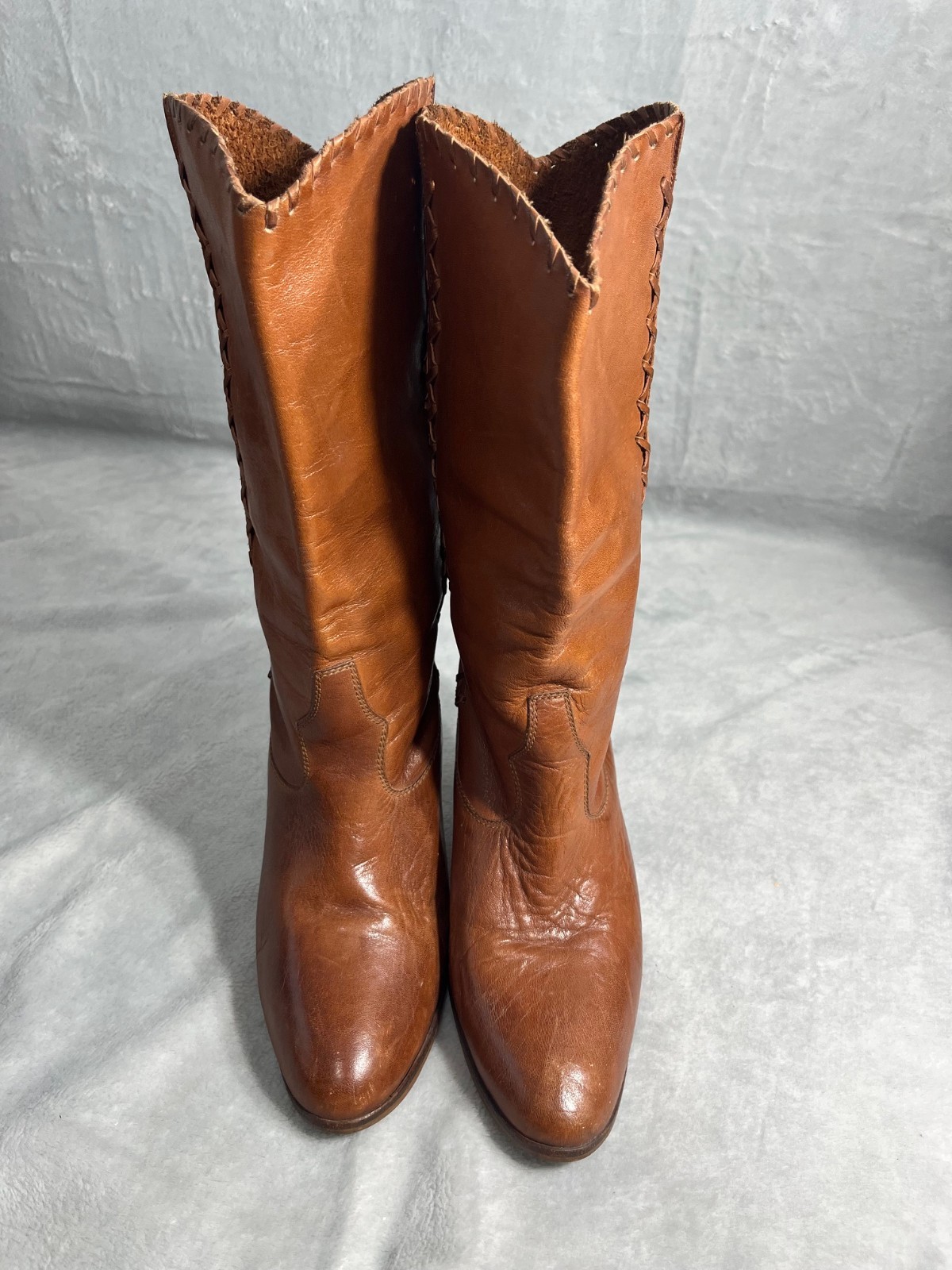Vintage Leather Boots Brown Lace Up Detail Cone Heel Boho Western Size 9 M