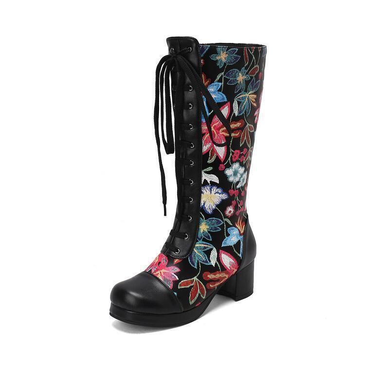 Chic Women’s Floral Printed Pull On Mid Calf Boots Casual Formal Occident Shoes