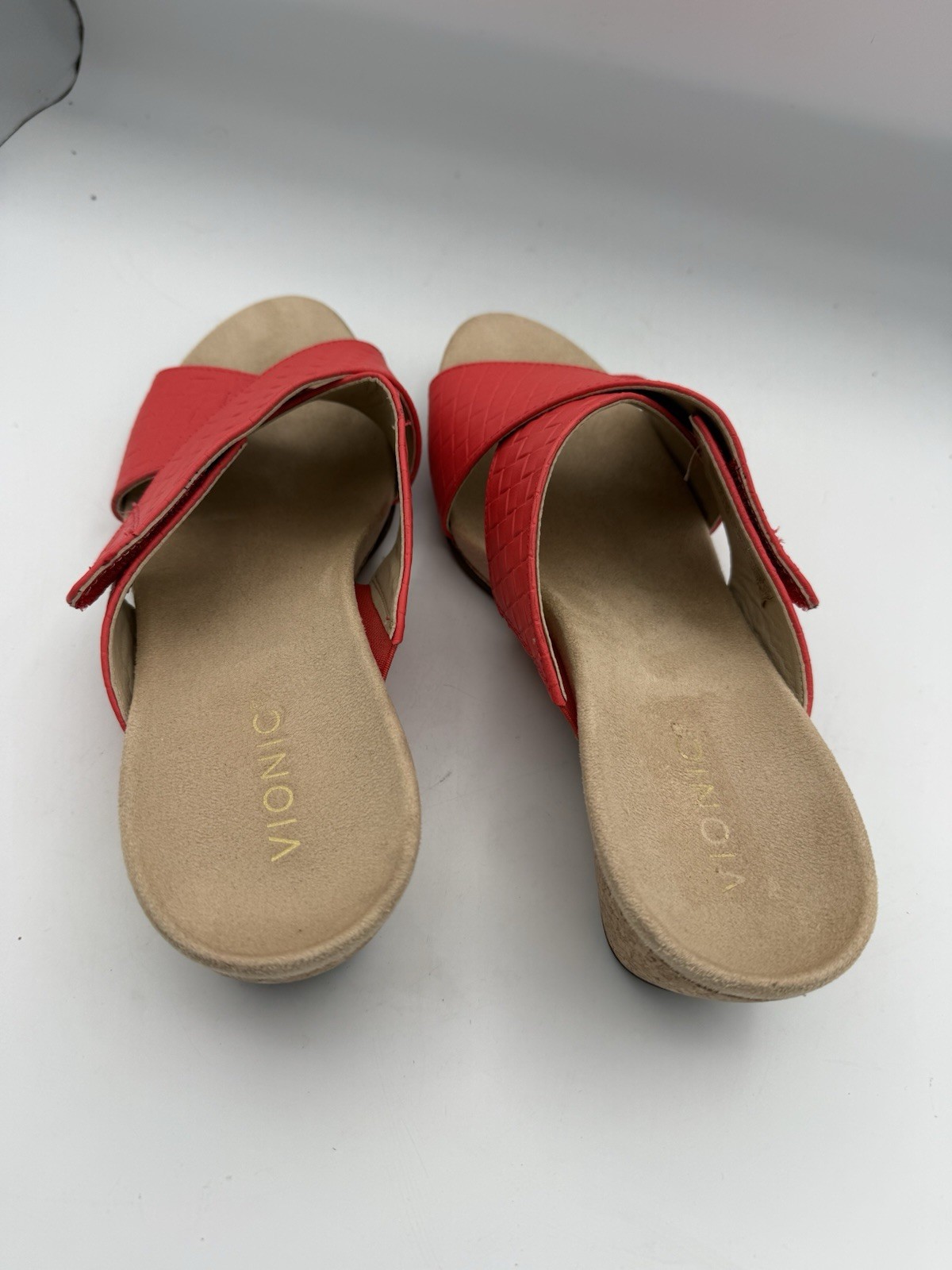 Vionic Leticia Pink Leather Basket Weave Cork Wedge Sandals Women 11 Adjustable