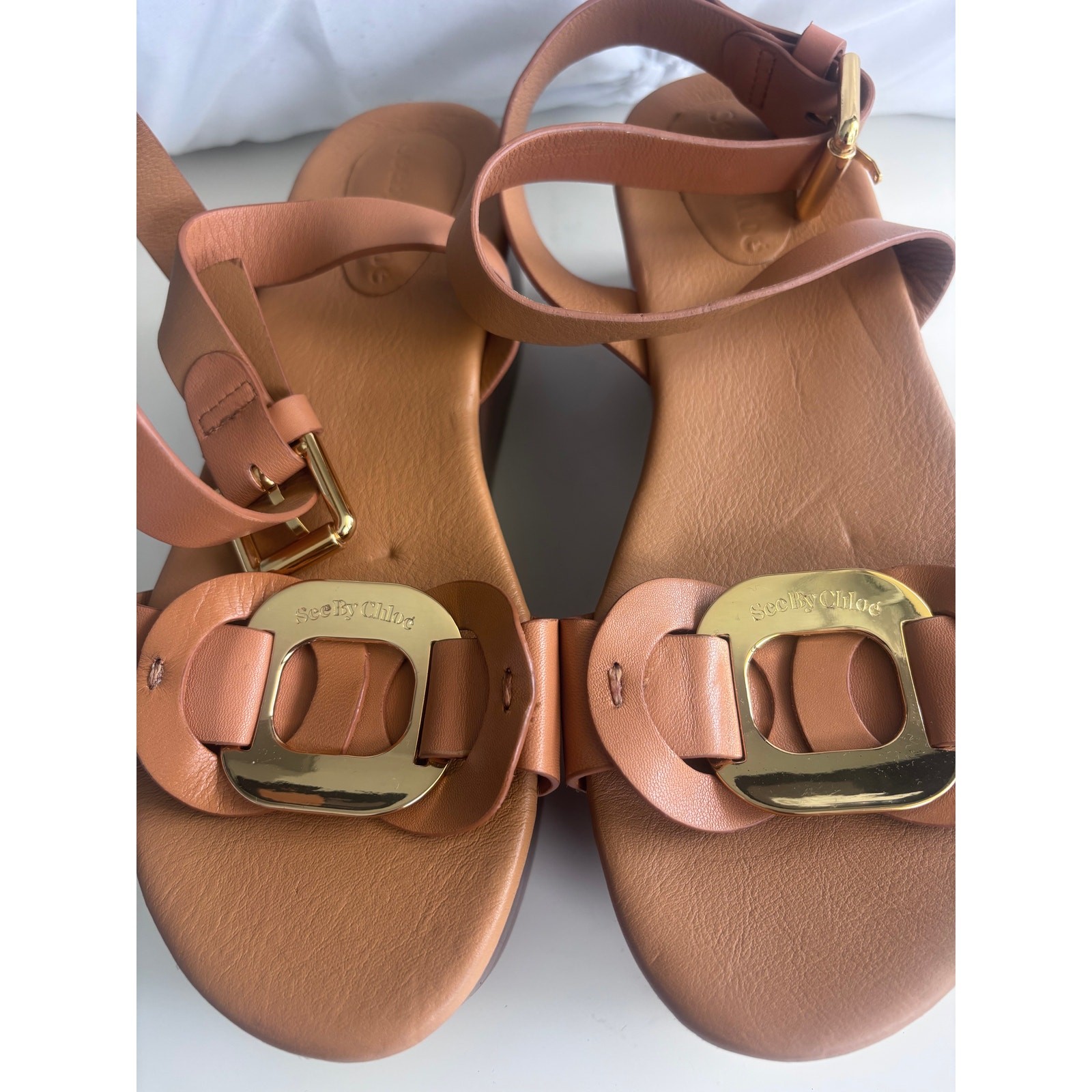 SEE BY CHLOE Chany Brown Slides Wedge Buckle Sandals Women’s Size 38