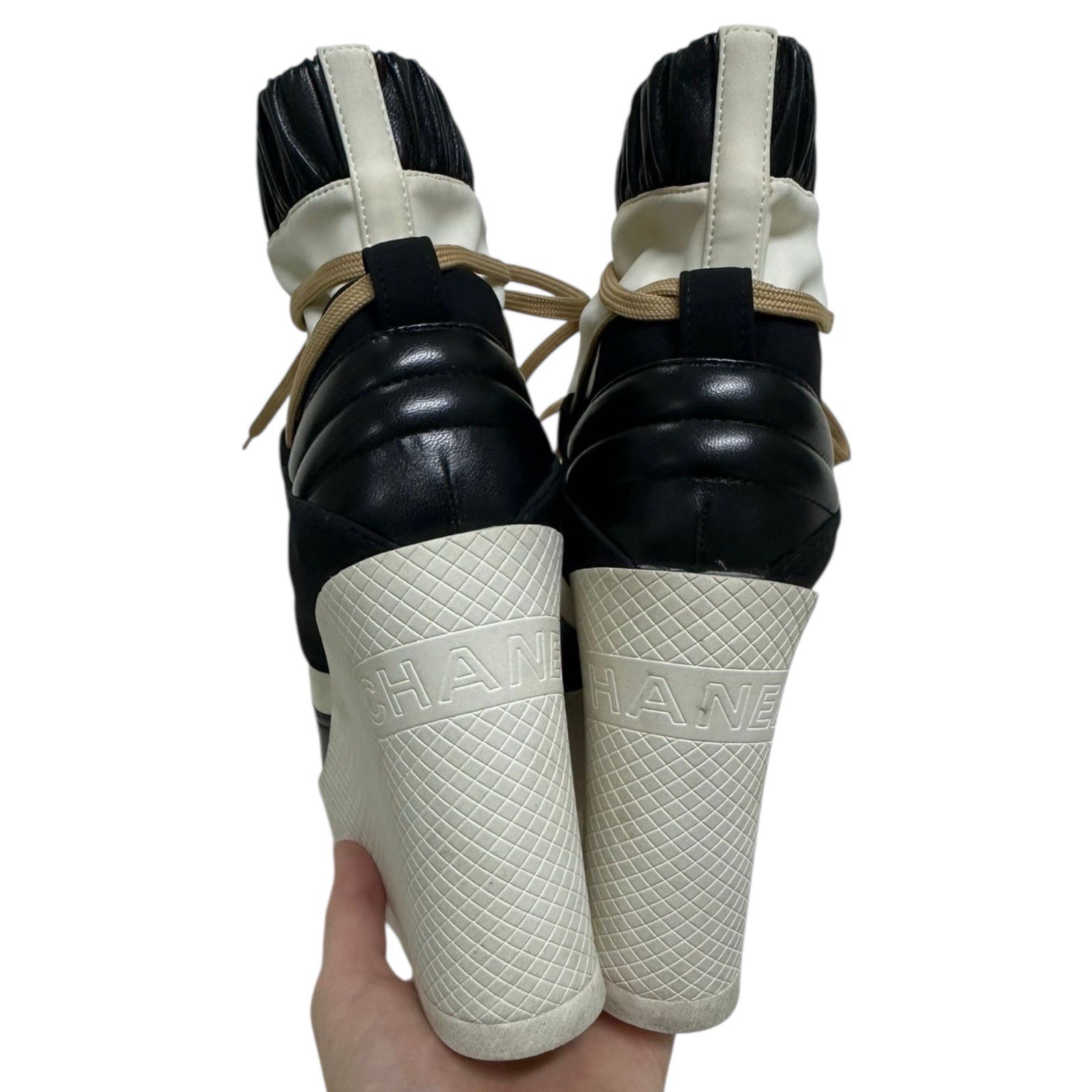 CHANEL White/Black Leather & Blended Fabric Lace Up Wedge Ankle Boots, Size 39.5