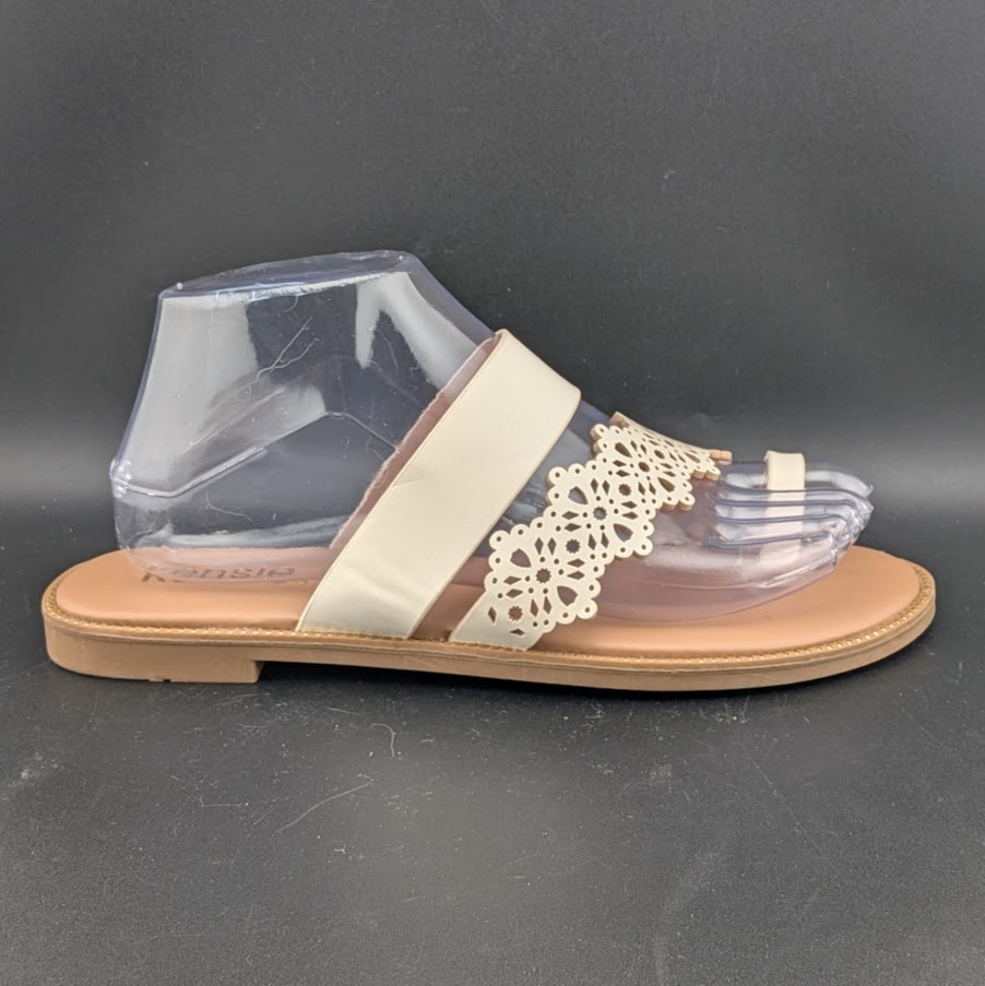 Kensie Madison Size 7.5 Ivory Cutout Toe Loop Slide Flat Sandals