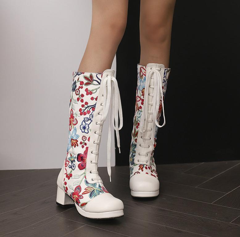 Chic Women’s Floral Printed Pull On Mid Calf Boots Casual Formal Occident Shoes