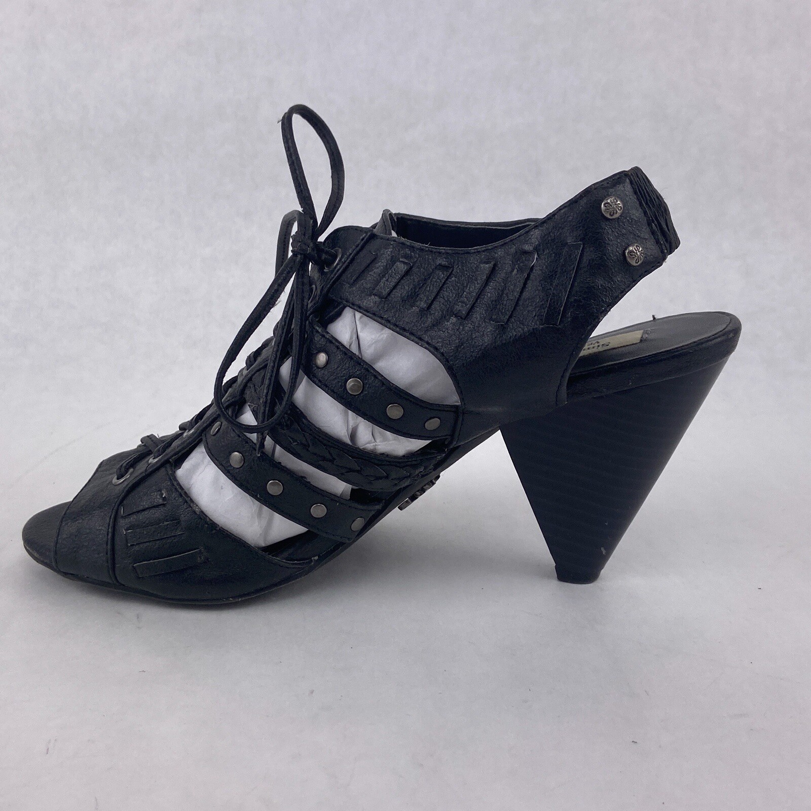 Simply Vera Wang Heels Women 8 M Black Hades Lace Up Studded Sling Back Shoes 3″