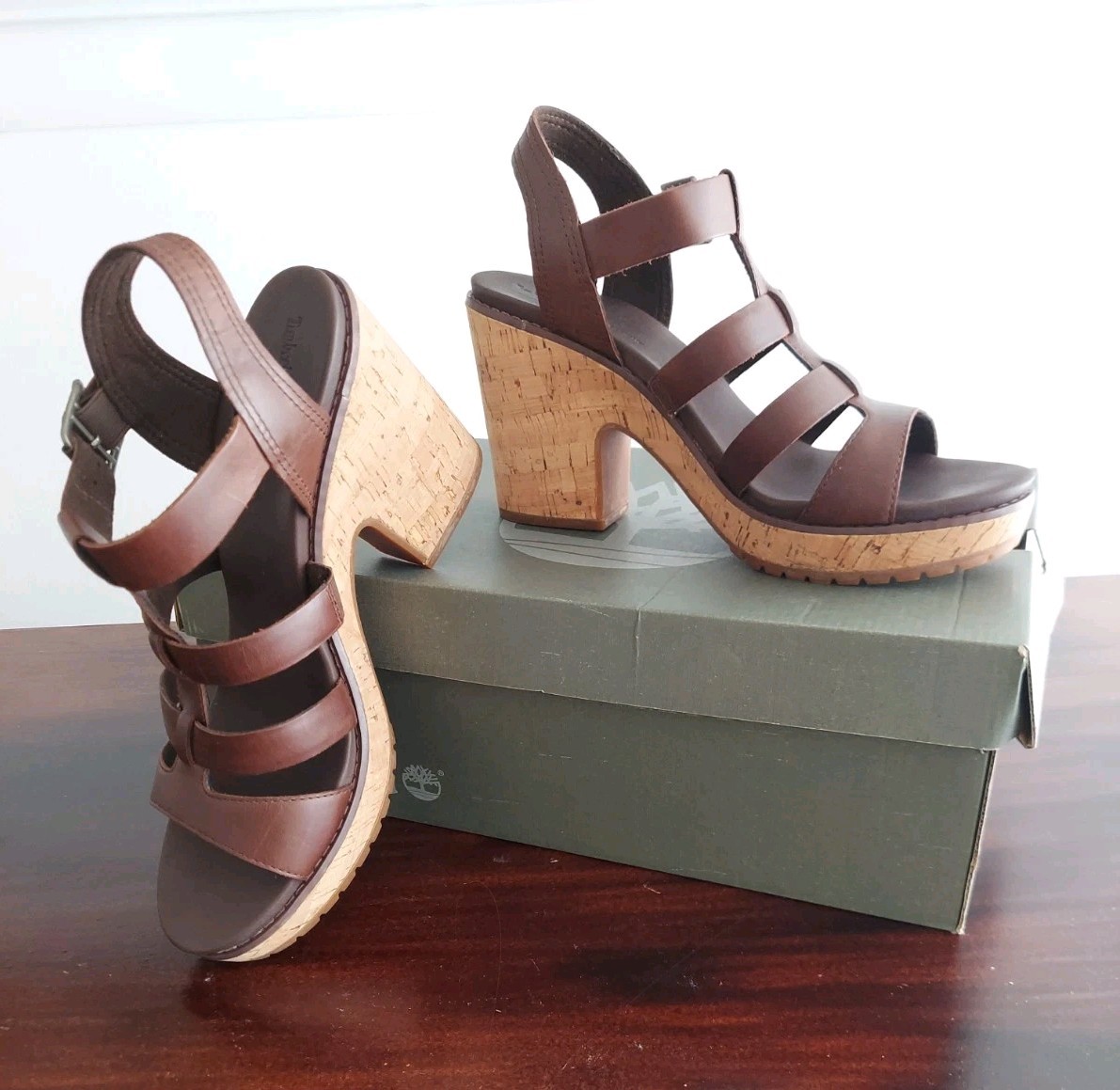 Timberland Roslyn Fisherman Sz 10 Brown Cork Platform Chunky Block Heel Sandals