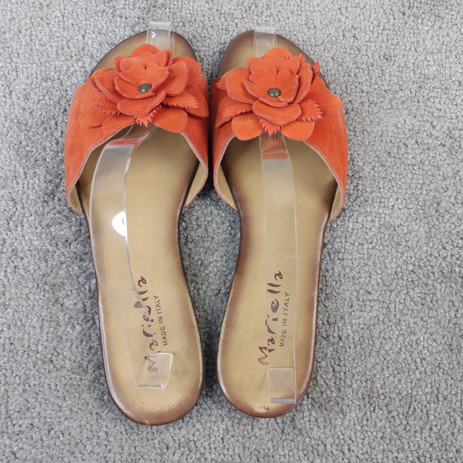 Mariella Sandals Womens Size 9.5 Shoes Slip On Orange Suede Floral Bow Flats