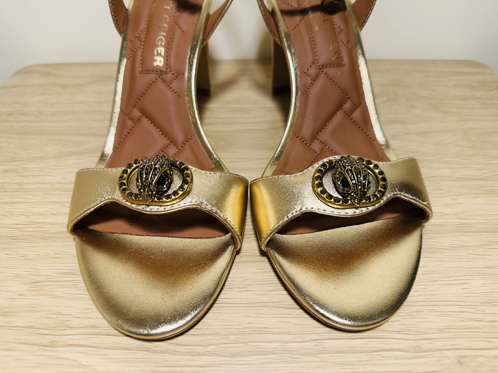 Kurt Geiger London ankle strap logo heeled shoes metallic gold NWOB 9.5 (40.5)