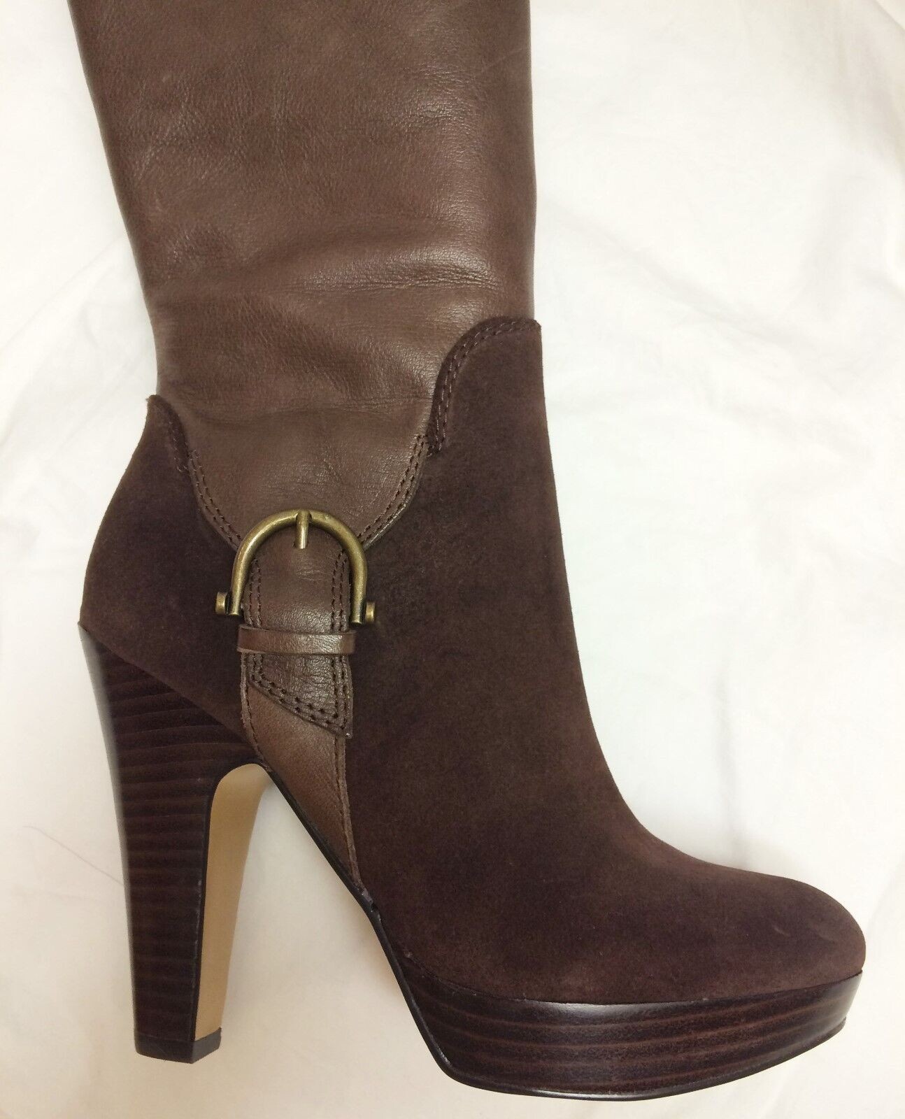 Women Shoe Size 5M Nine West Brown Leather/Suede Knee High Boots Side buckle-NEW