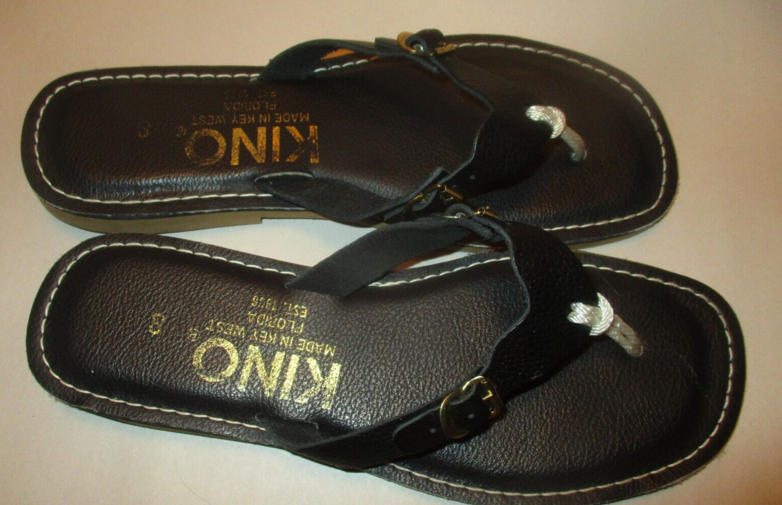 KINO Womens 8 Key West,Florida Navy Blue Leather Adjustable Strap Flip Flops