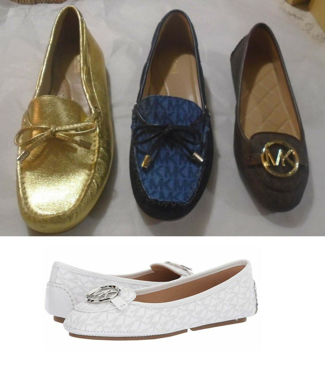 Michael Kors Lillie Brown or White MK Sutton Moc Denim or Gold Leather Flats