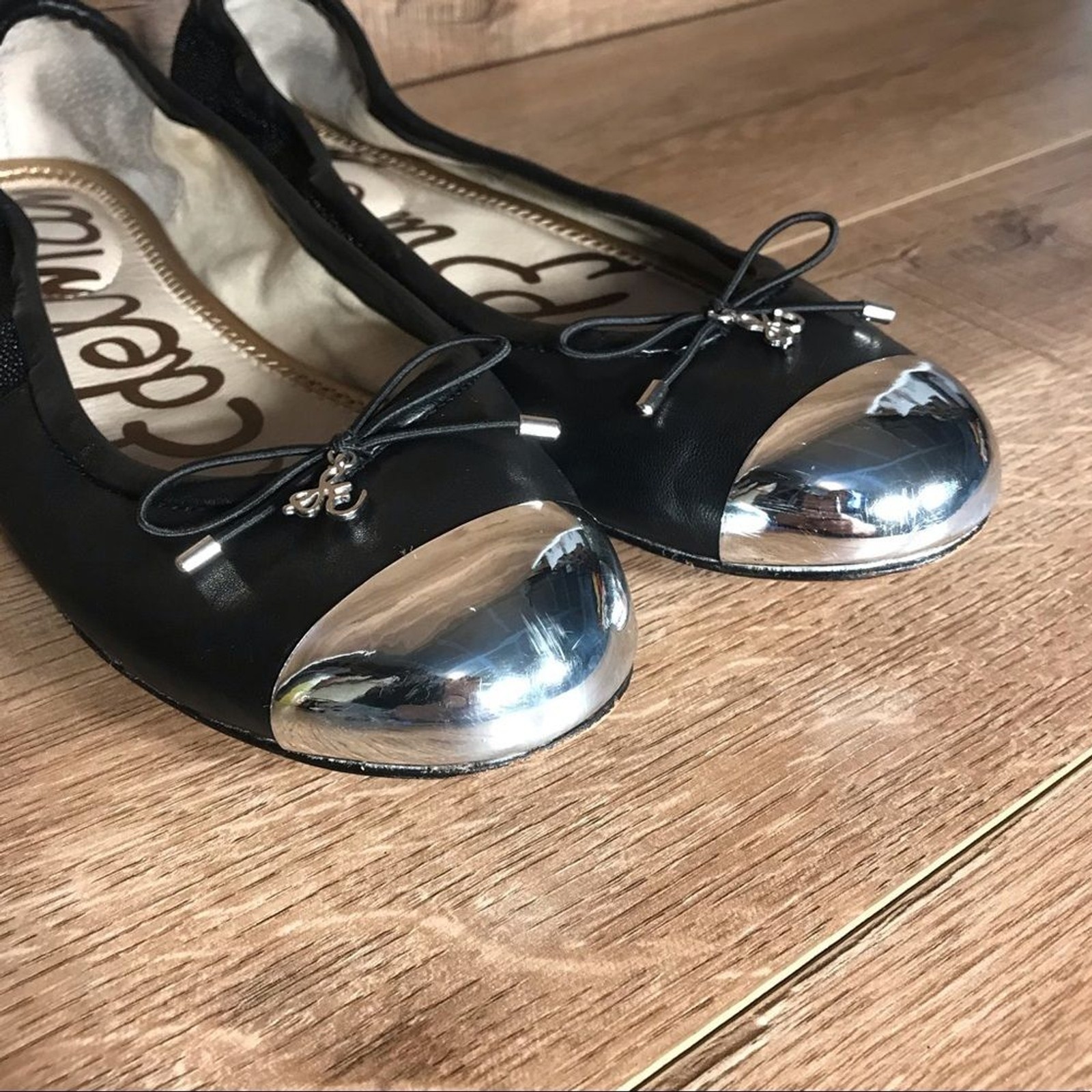 Sam Edelman Black Ballet Flats Womens 7.5 M Chrome Cap Toe Slip On Casual Travel
