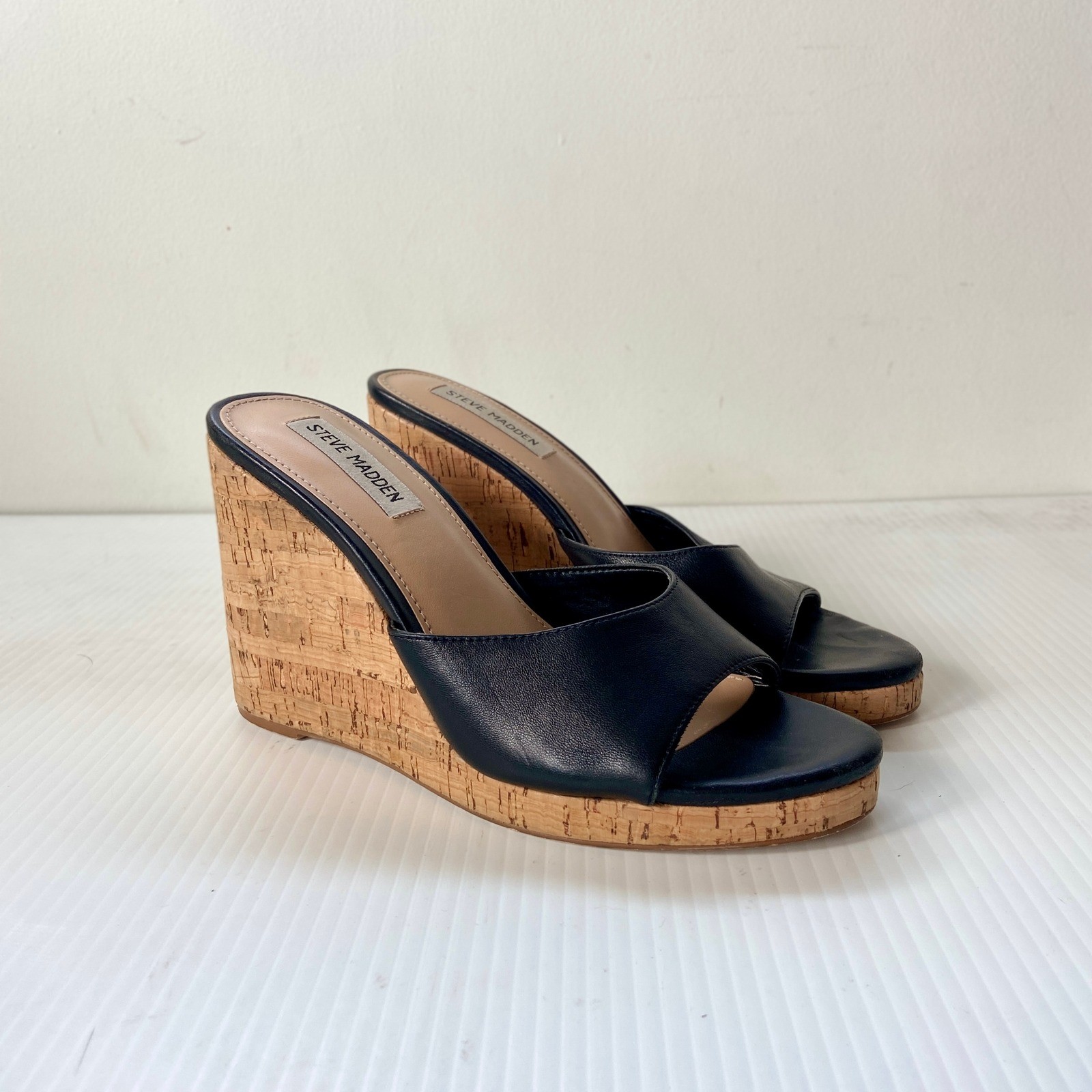 Steve Madden Marvelous Black Leather Cork Wedge Heel Slide Sandals Womens 9M