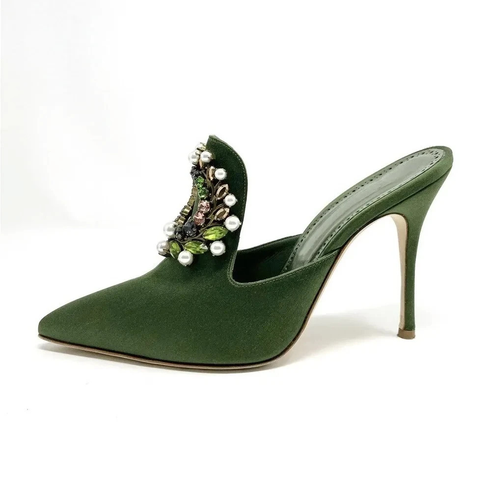 Green Satin Evening Heels Pointy Toe Pearls Buckle Mules for Women FSJ202302035