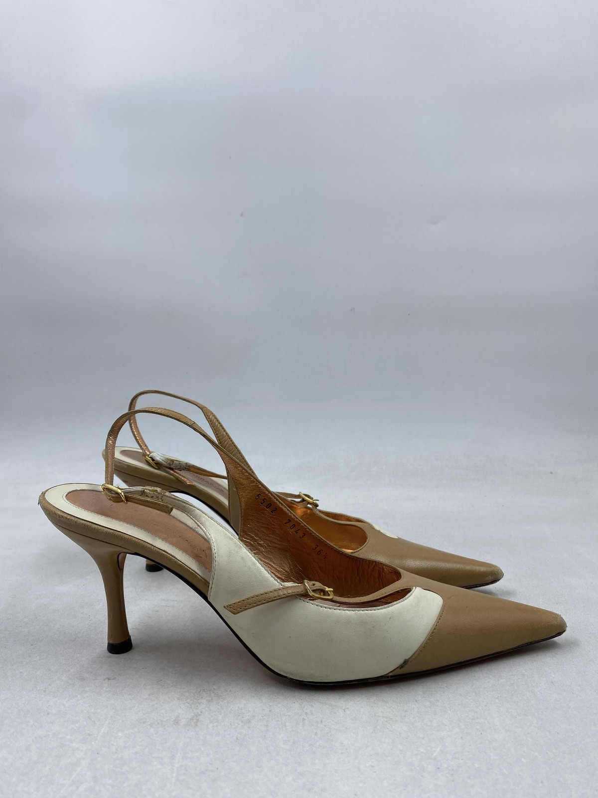 Dolce & Gabbana Tan Cream Leather Pointed Toe Slingback Heels Size 36.5 COA