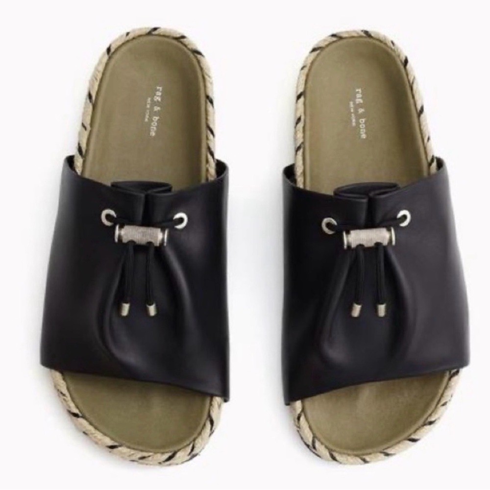 Rag & Bone Eva Espadrille Black Leather Slides Sandals 35 Tassel 5.5 Lamb Soft