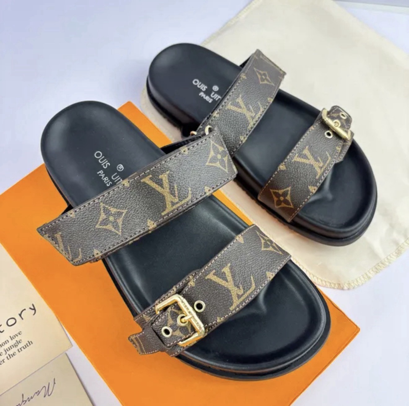 Louis Vuitton Women’s Monogram Logo Leather Slide Sandals Brown/Black Buckle 11