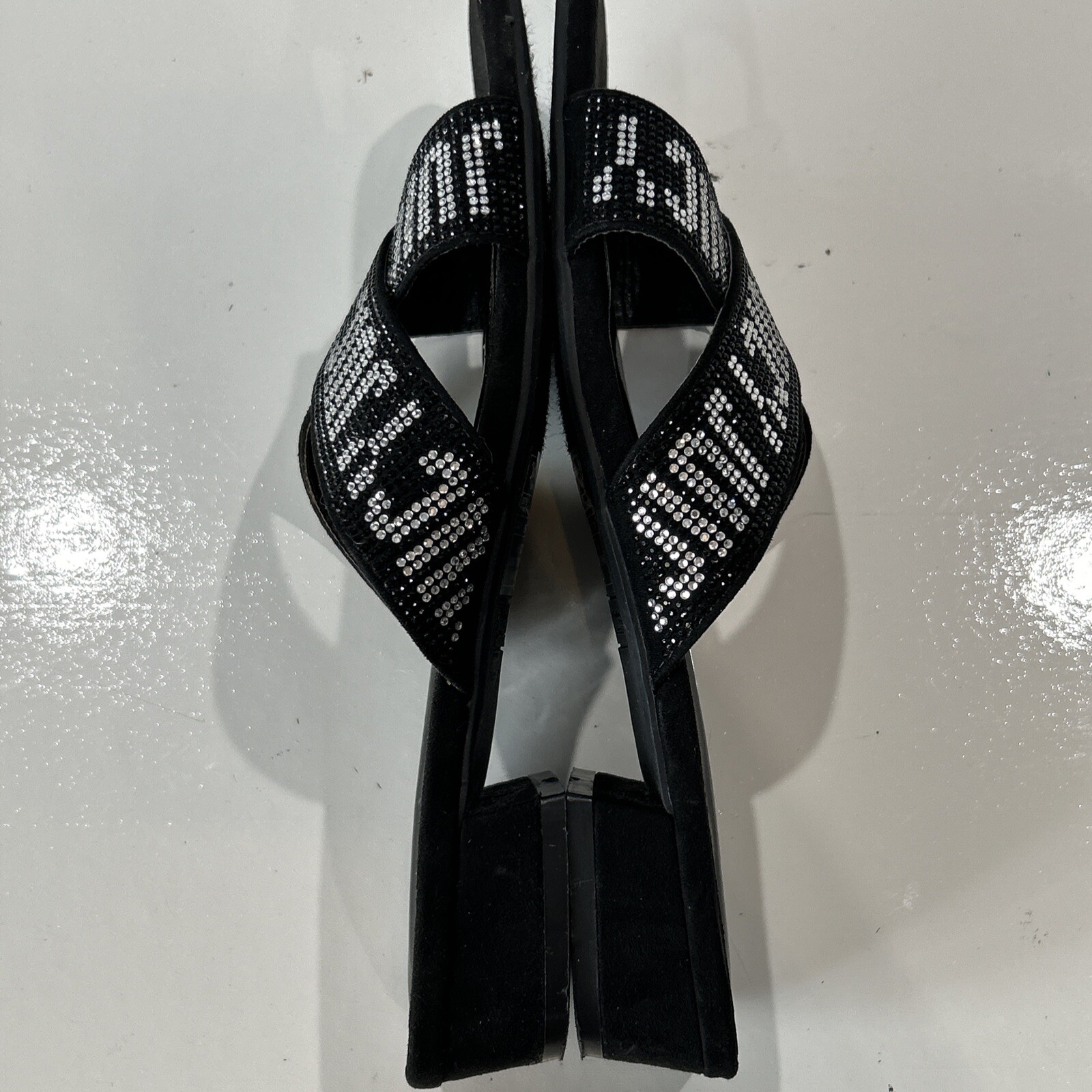 Juicy Couture 8.5 Crystal Logo Black Cross Over Sandals Bling Slip On Shoes