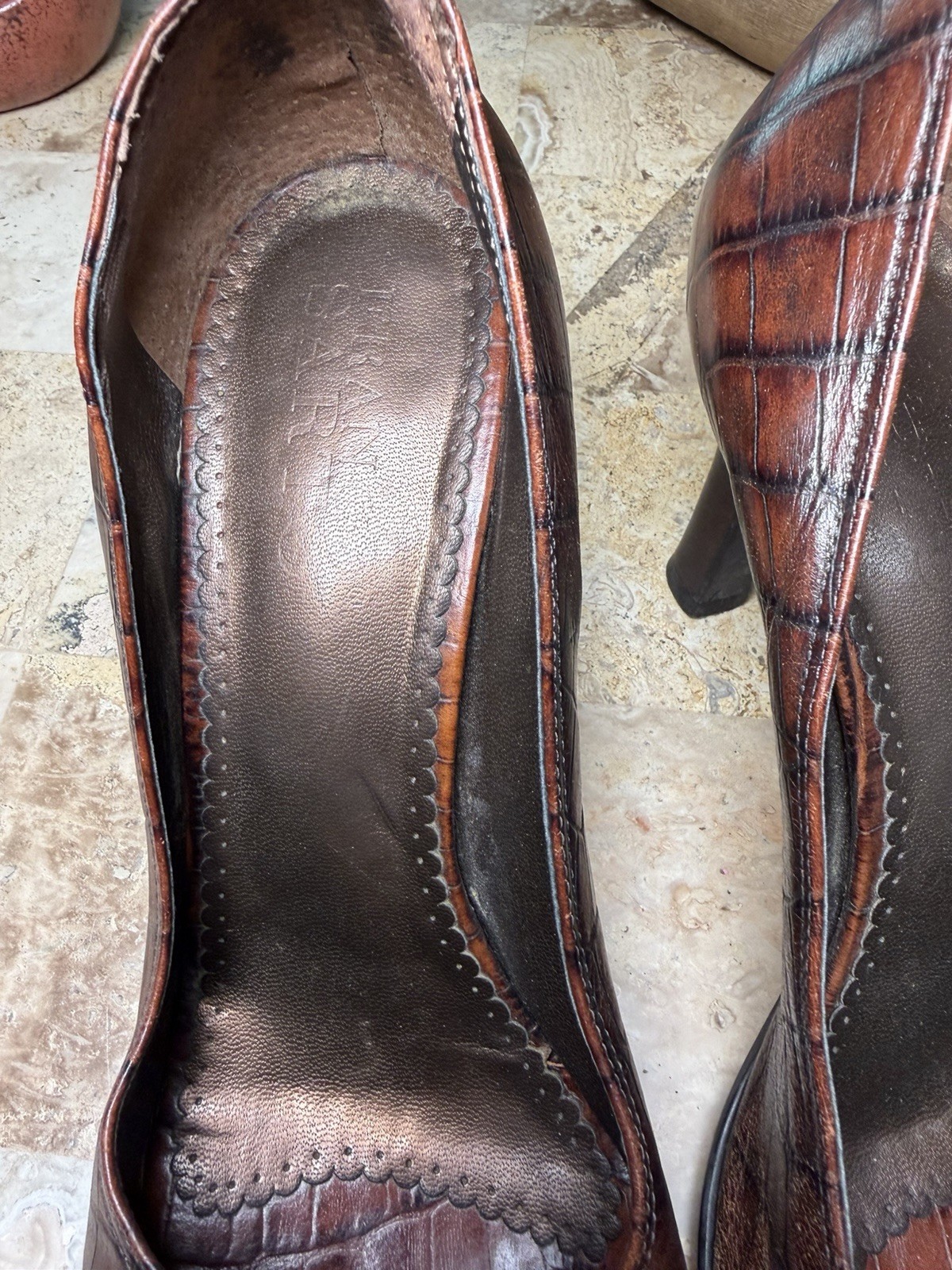 Cole Haan Brown Croc Embossed Leather Peep Toe Buckle Block Heel 11M