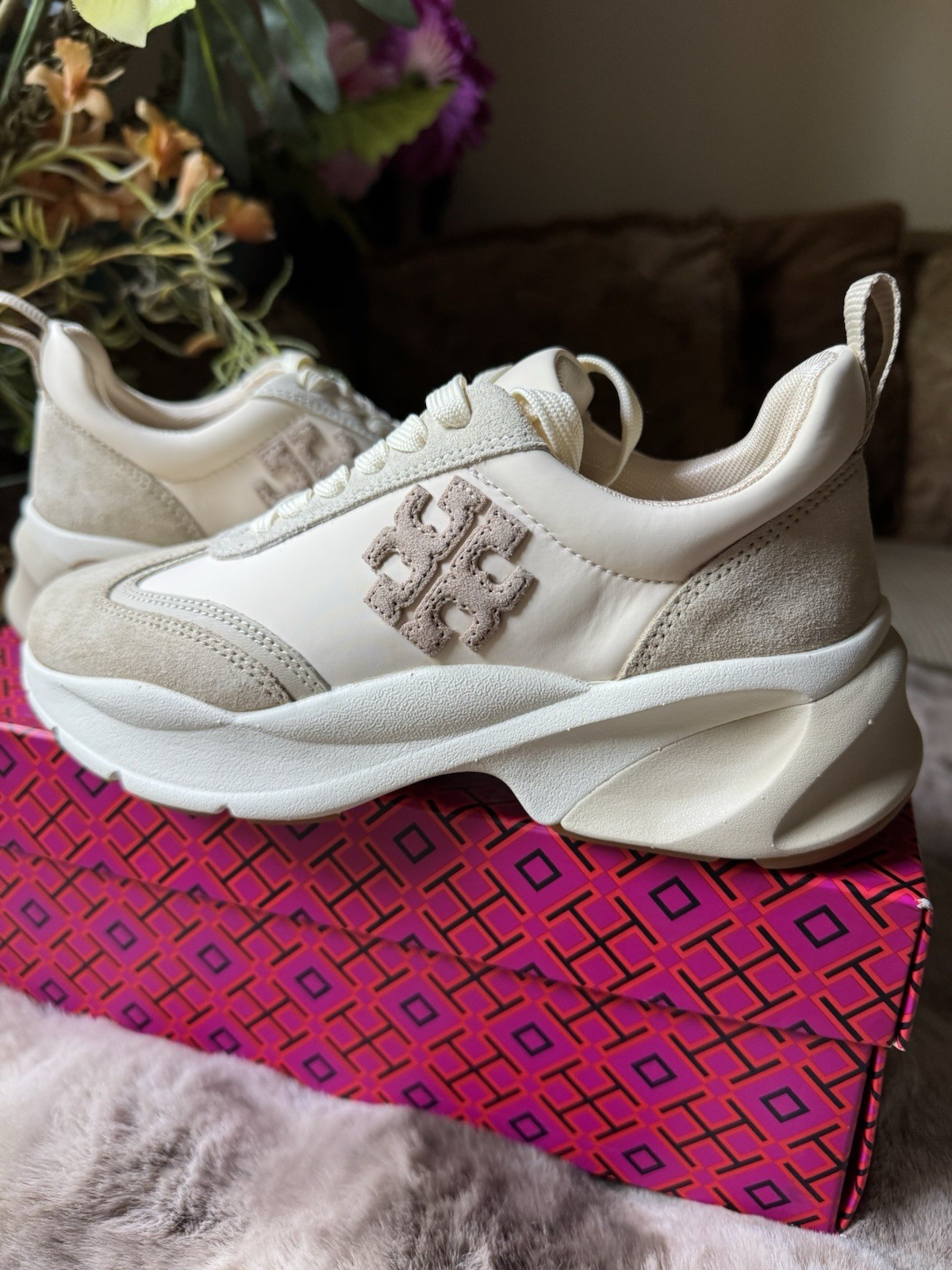 Tory Burch Good Luck Trainer/US5M/ French Pearl/Nylon/ Nat Suede/$300